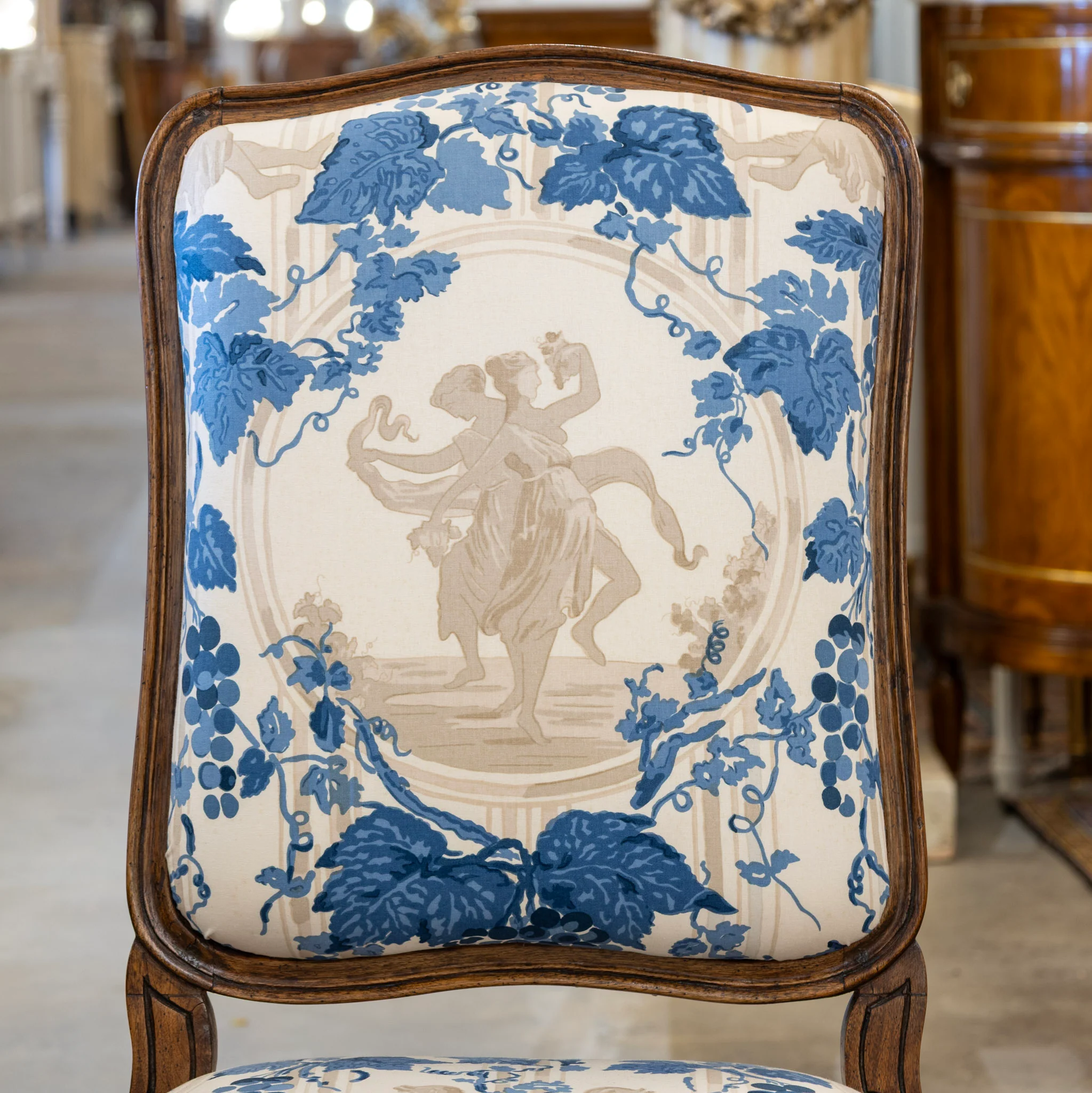 Pair of Louis XV Accent Chairs – Brown Frame with Blue & Cream Mythological Upholstery - Image 4