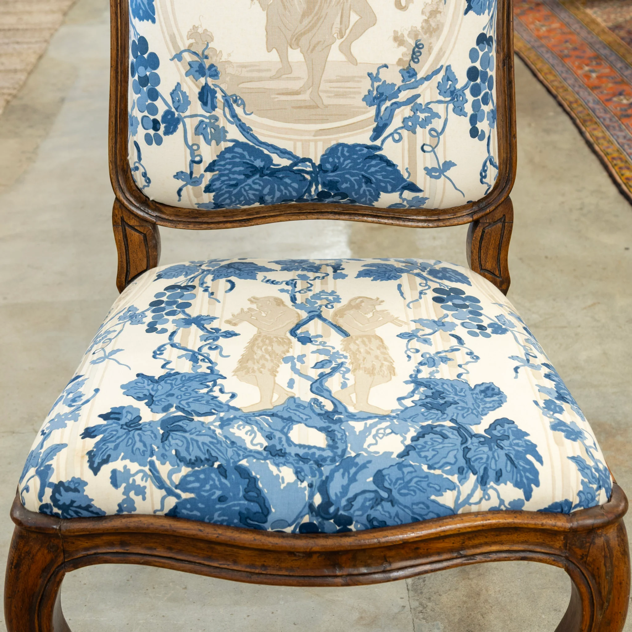 Pair of Louis XV Accent Chairs – Brown Frame with Blue & Cream Mythological Upholstery - Image 5