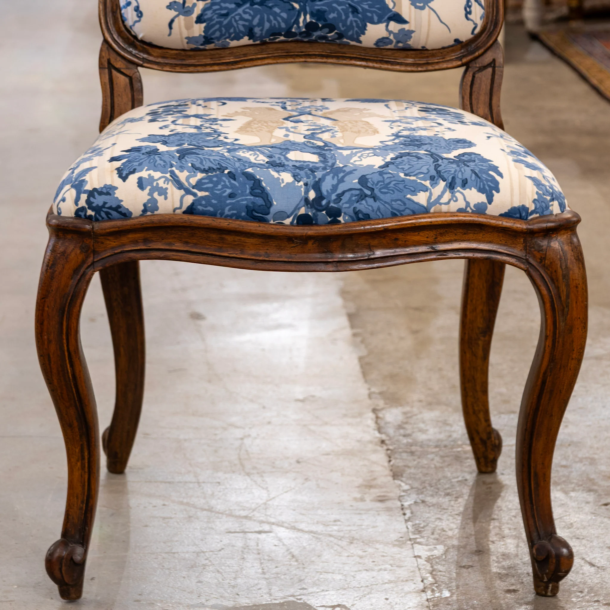 Pair of Louis XV Accent Chairs – Brown Frame with Blue & Cream Mythological Upholstery - Image 6