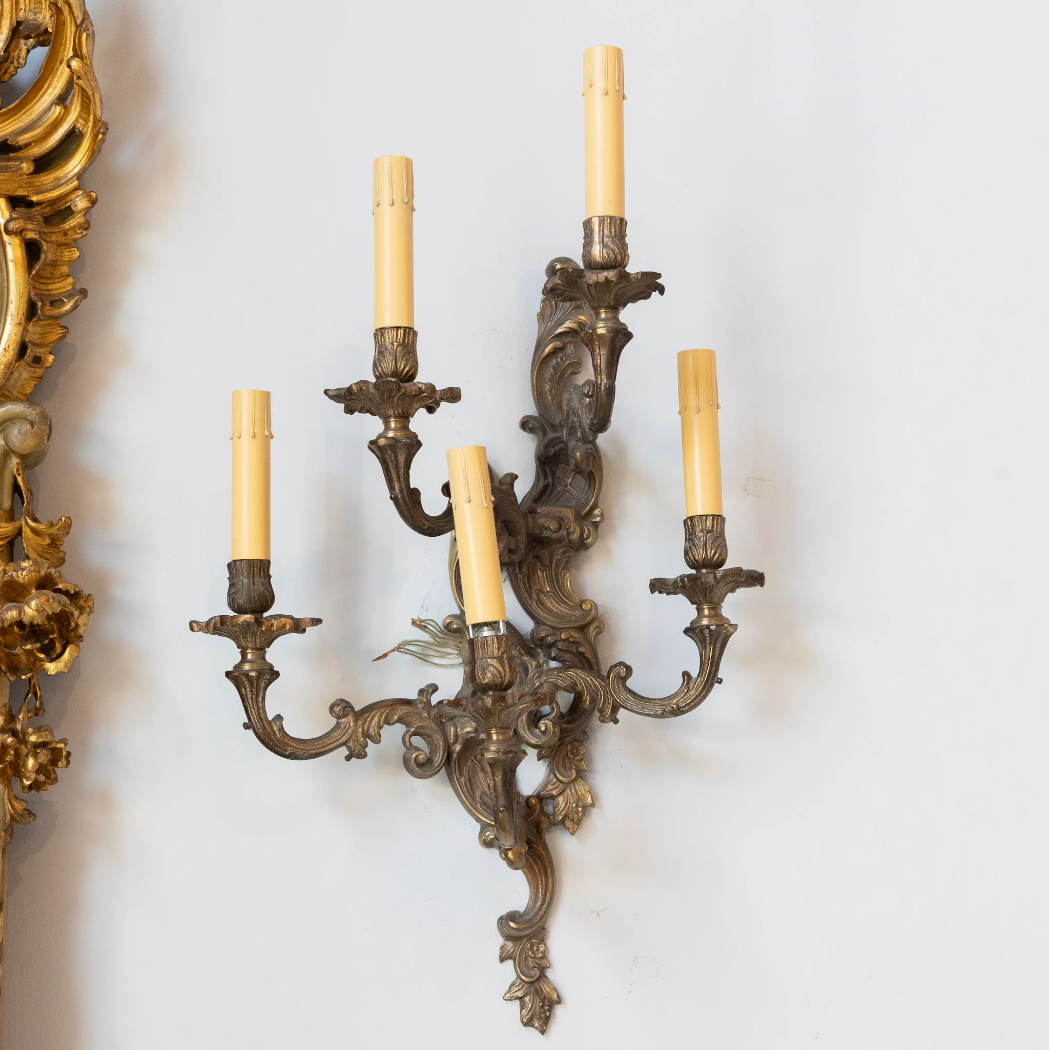 Pair of Louis XV Aged Brass Sconces – Rococo Scrollwork & Five Candle Arms