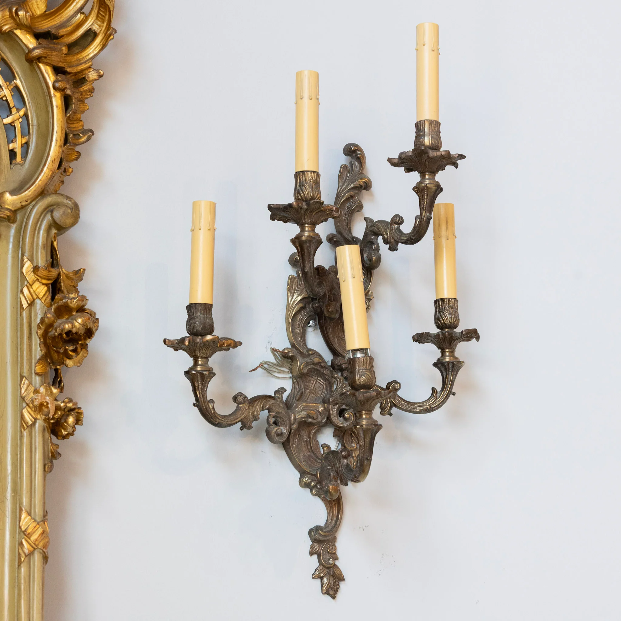 Pair of Louis XV Aged Brass Sconces – Rococo Scrollwork & Five Candle Arms - Image 2