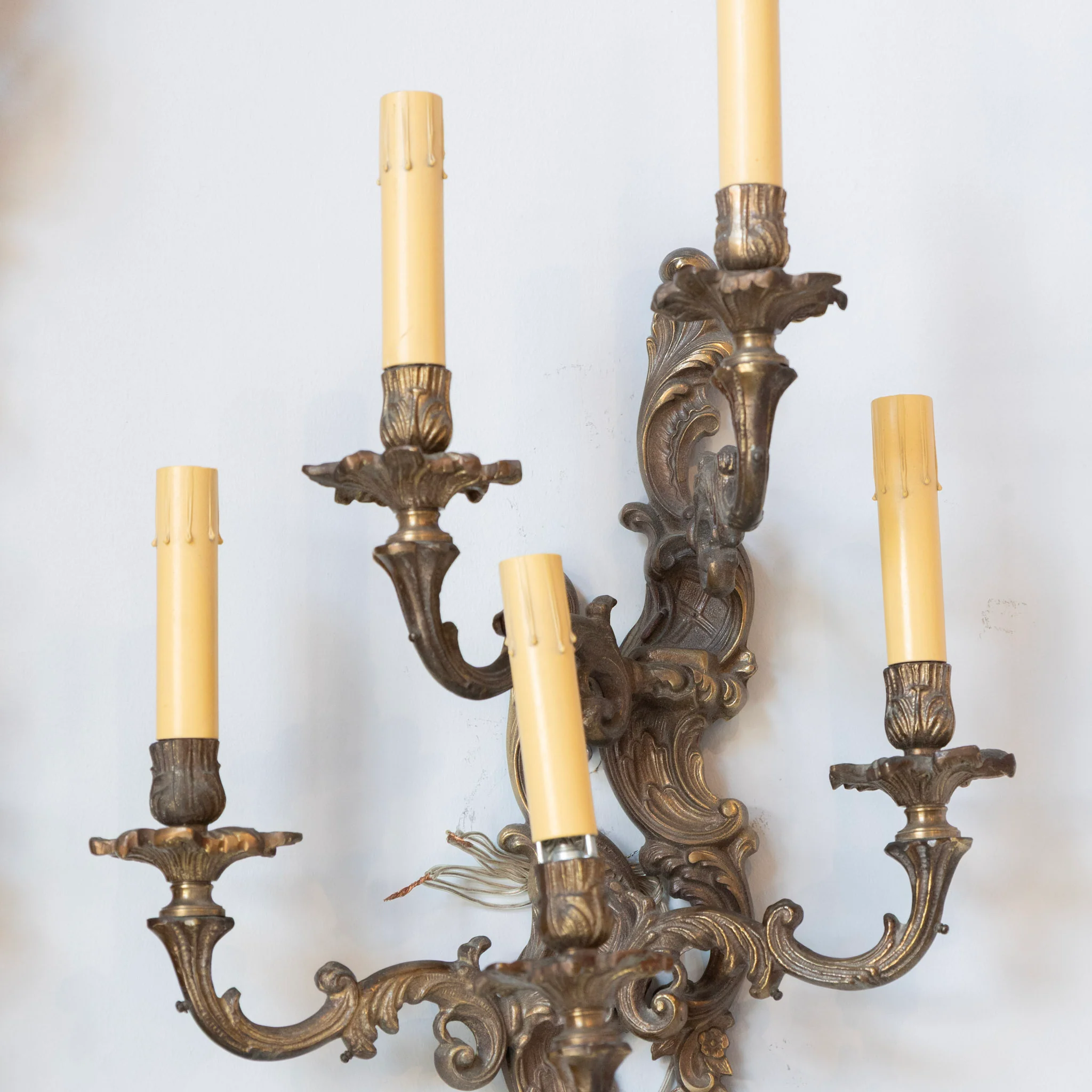 Pair of Louis XV Aged Brass Sconces – Rococo Scrollwork & Five Candle Arms - Image 4