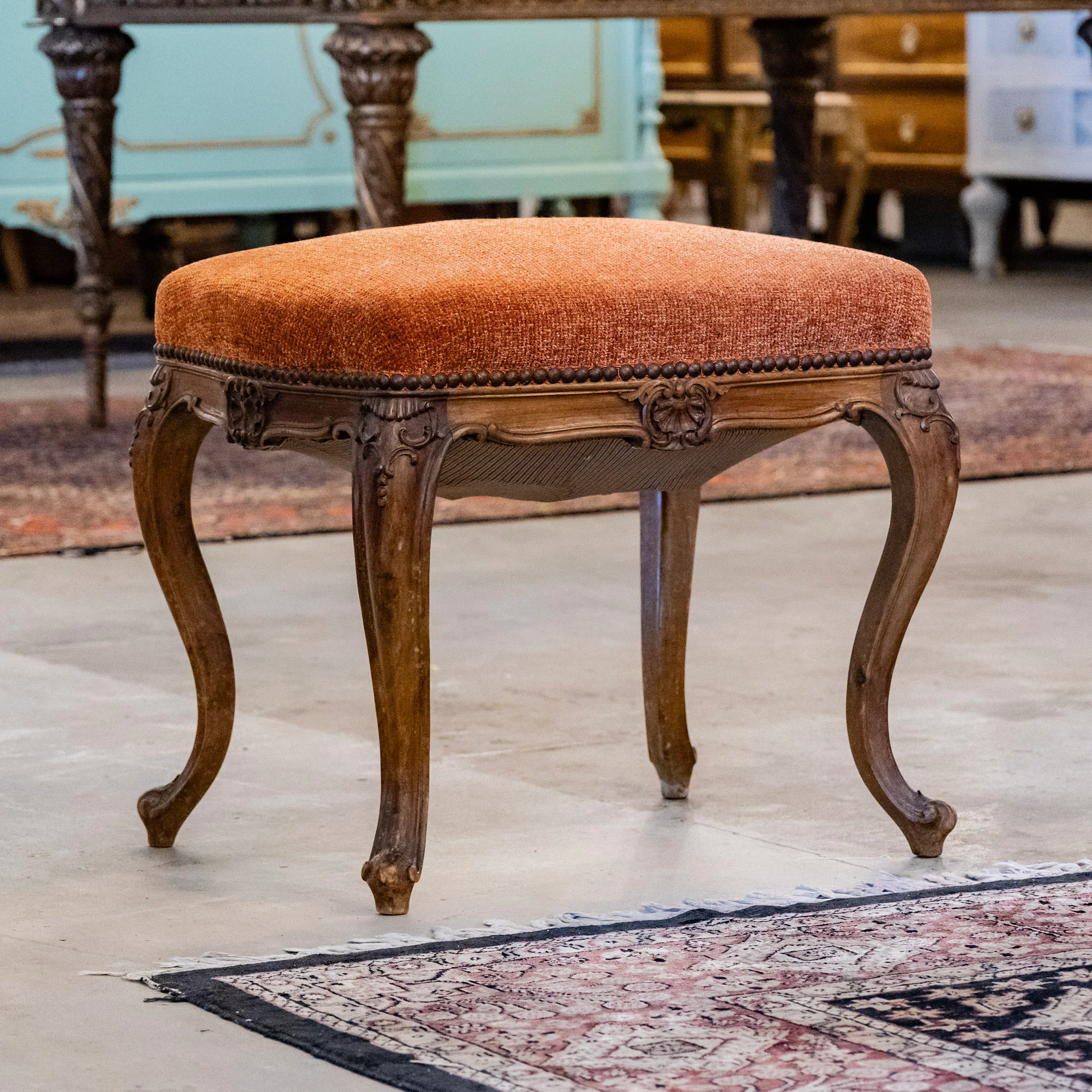 Pair of Louis XV Brown Stools – Carved Trim & Orange Original Fabric