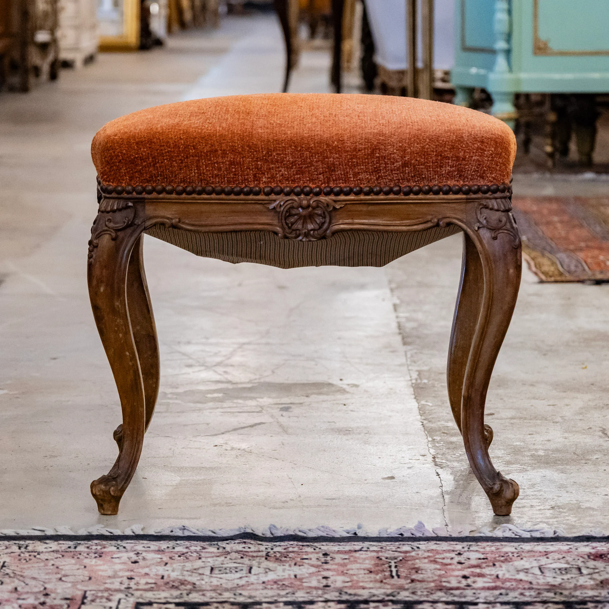 Pair of Louis XV Brown Stools – Carved Trim & Orange Original Fabric - Image 2