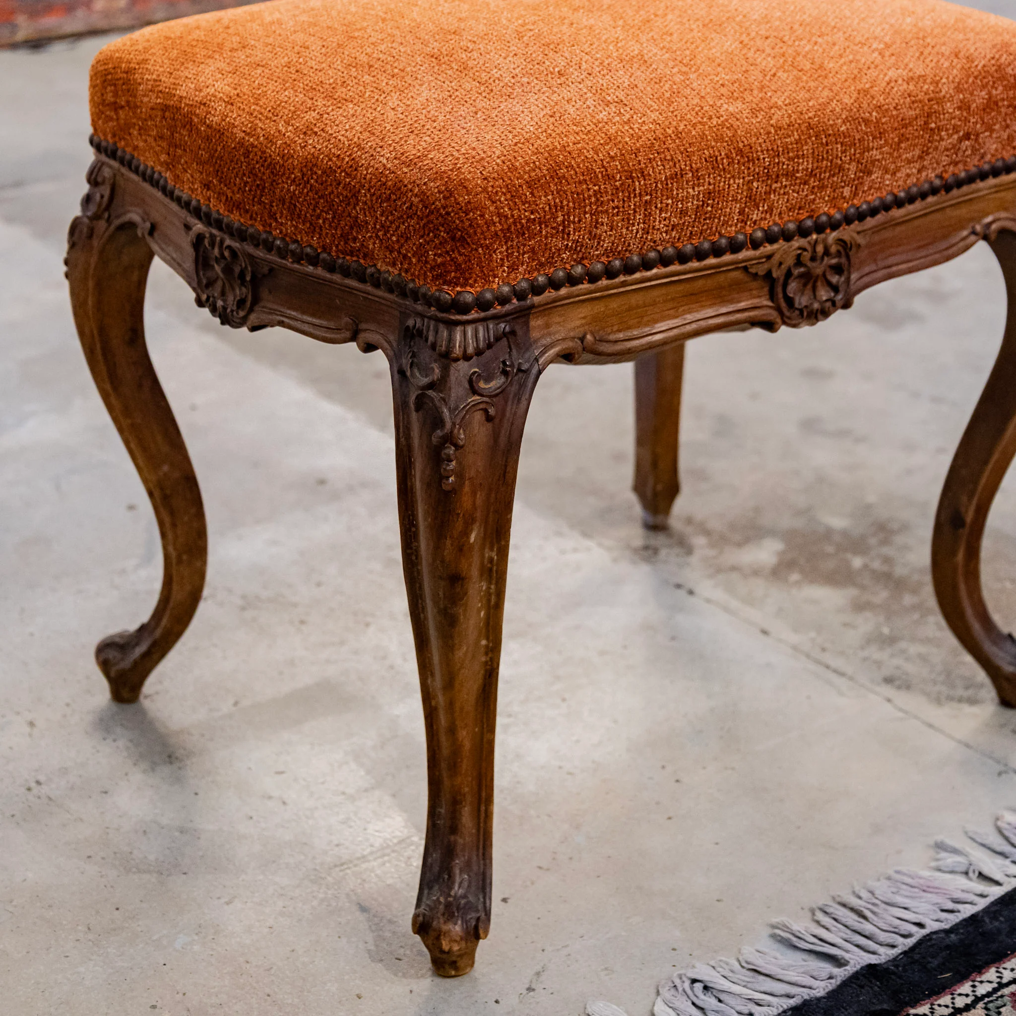 Pair of Louis XV Brown Stools – Carved Trim & Orange Original Fabric - Image 3