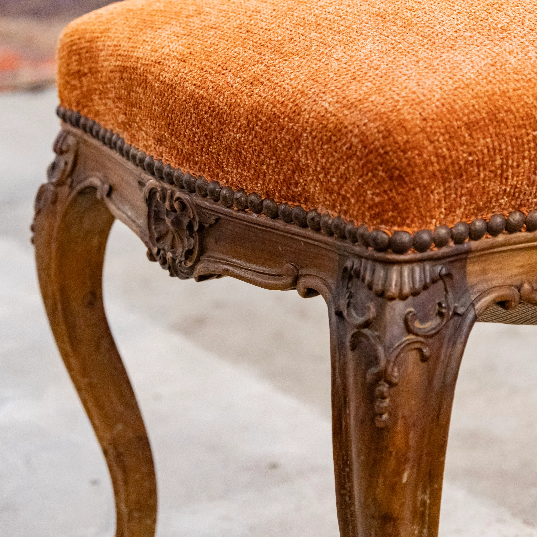 Pair of Louis XV Brown Stools – Carved Trim & Orange Original Fabric - Image 4