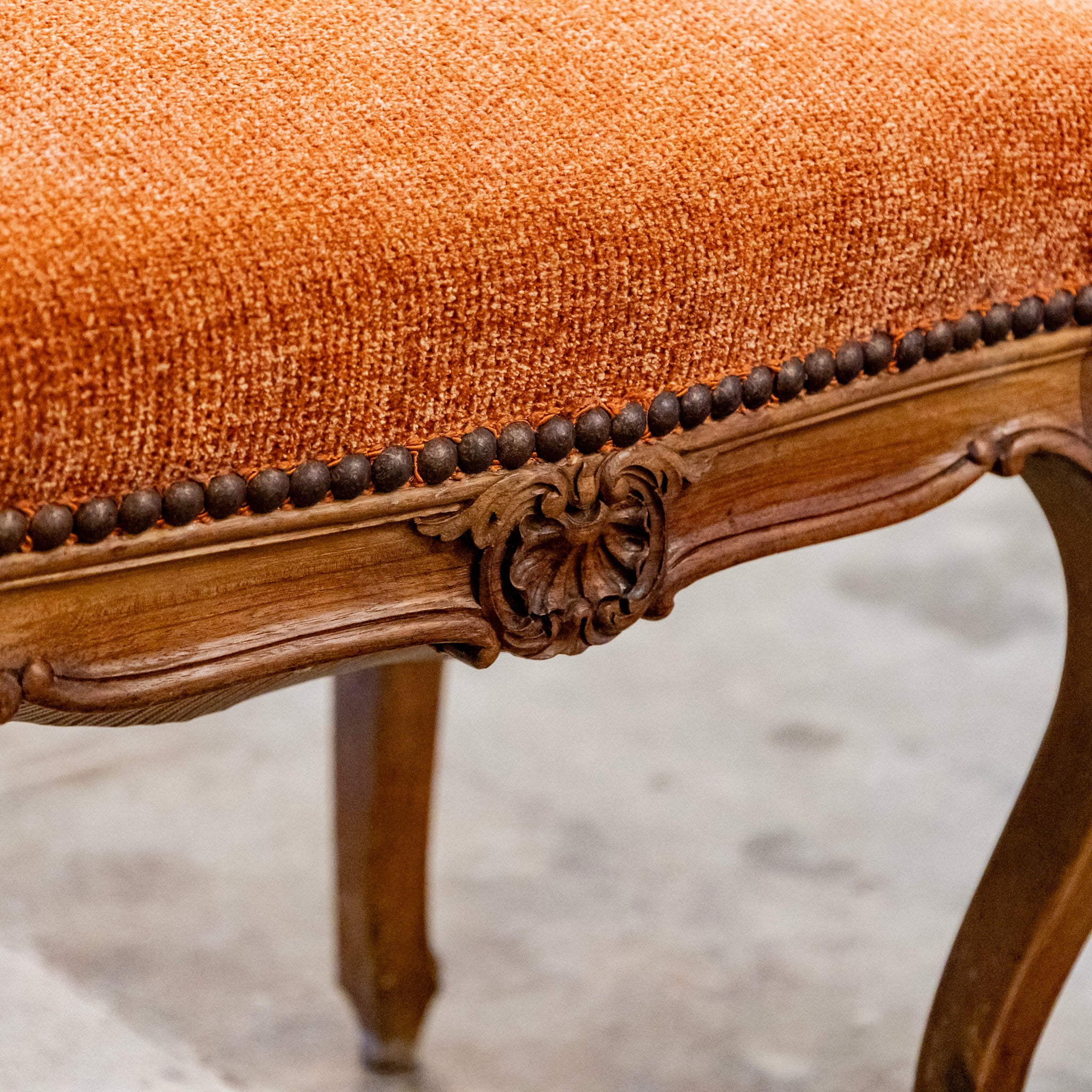 Pair of Louis XV Brown Stools – Carved Trim & Orange Original Fabric - Image 5
