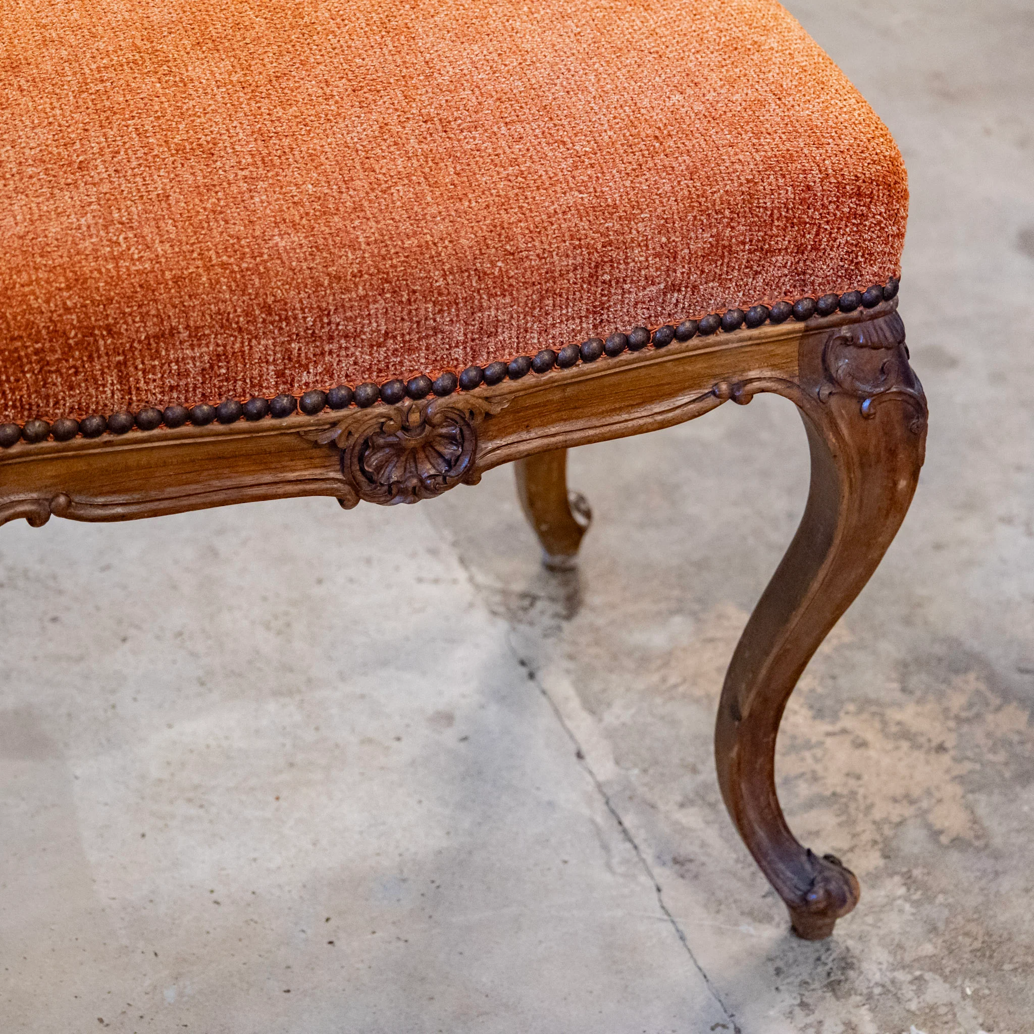Pair of Louis XV Brown Stools – Carved Trim & Orange Original Fabric - Image 6