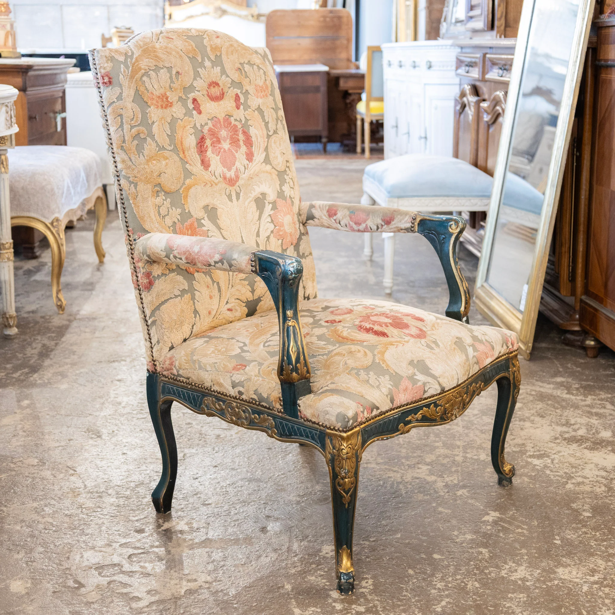 Pair of Louis XV Carved Armchair – Painted Frame with Original Tapestry Upholstery - Image 2