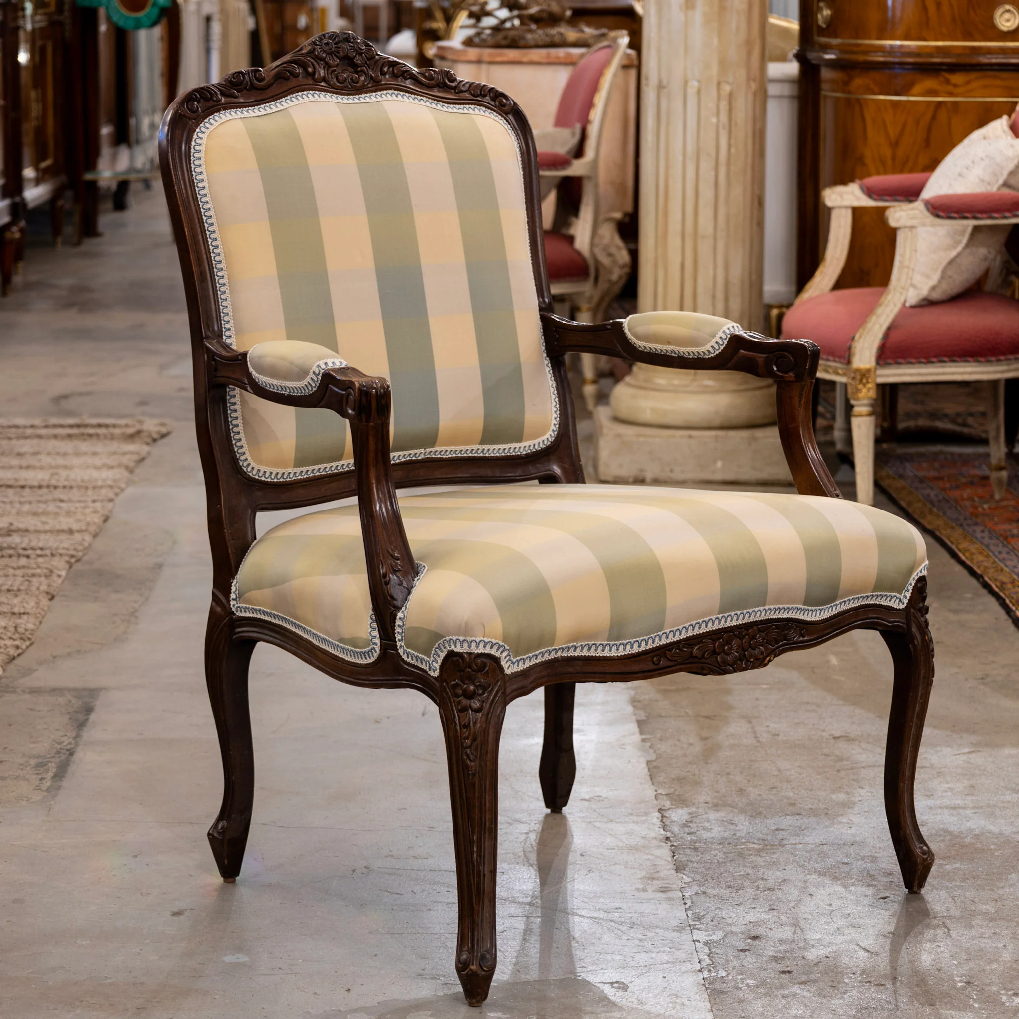 Pair of Louis XV Carved Armchairs – Brown Frame with Green and Yellow Checked Upholstery - Image 2