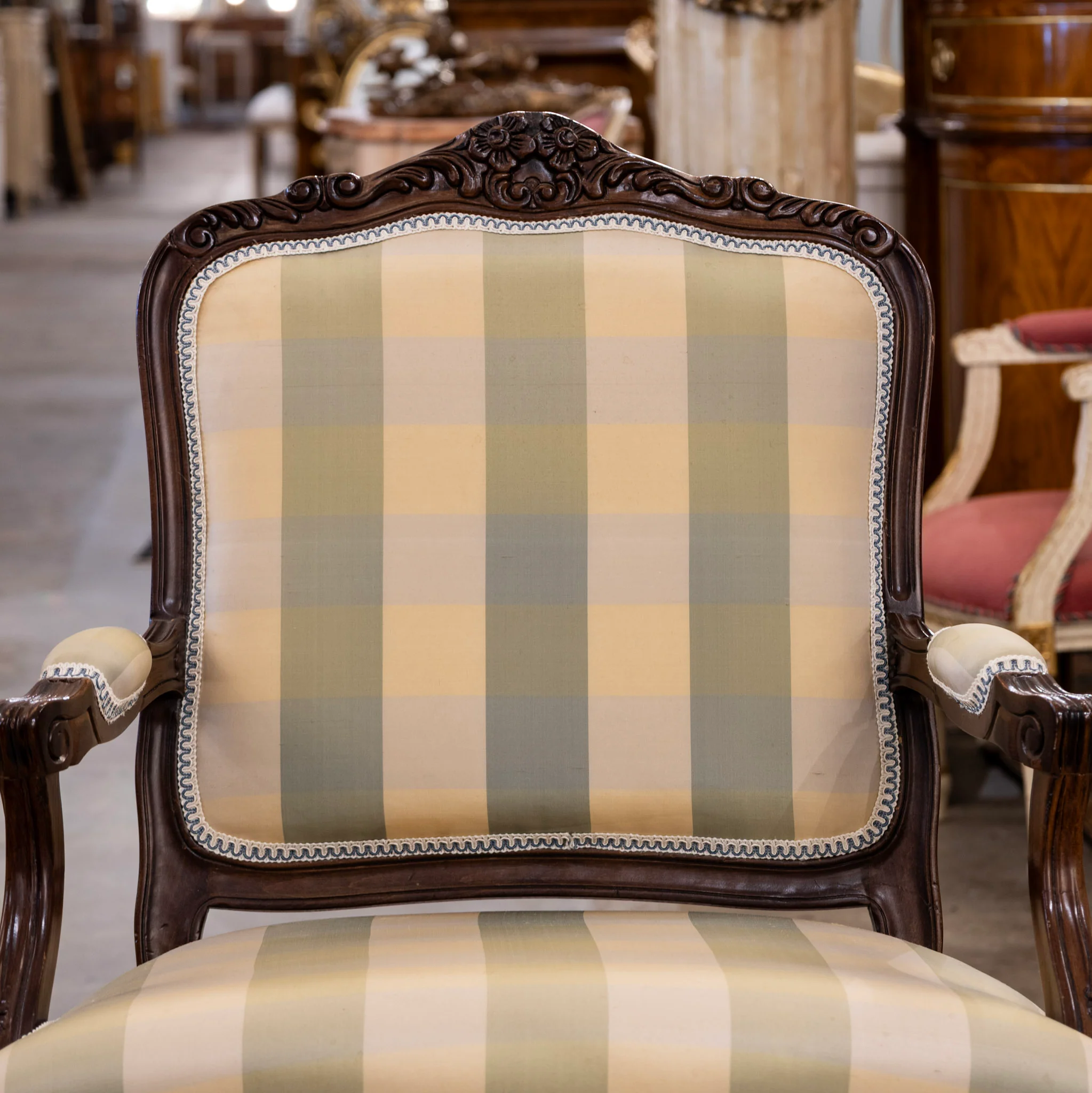 Pair of Louis XV Carved Armchairs – Brown Frame with Green and Yellow Checked Upholstery - Image 3