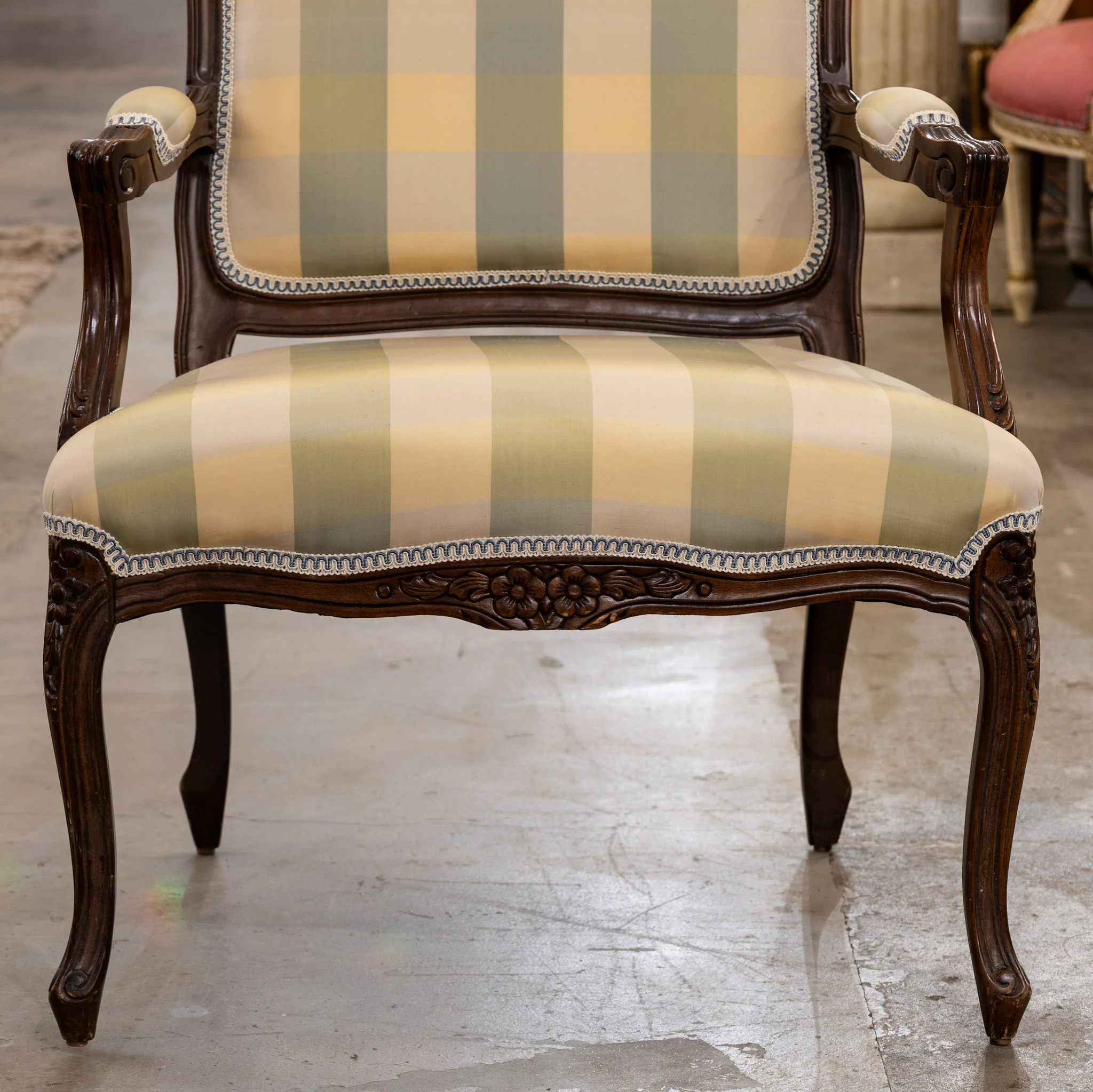 Pair of Louis XV Carved Armchairs – Brown Frame with Green and Yellow Checked Upholstery - Image 4