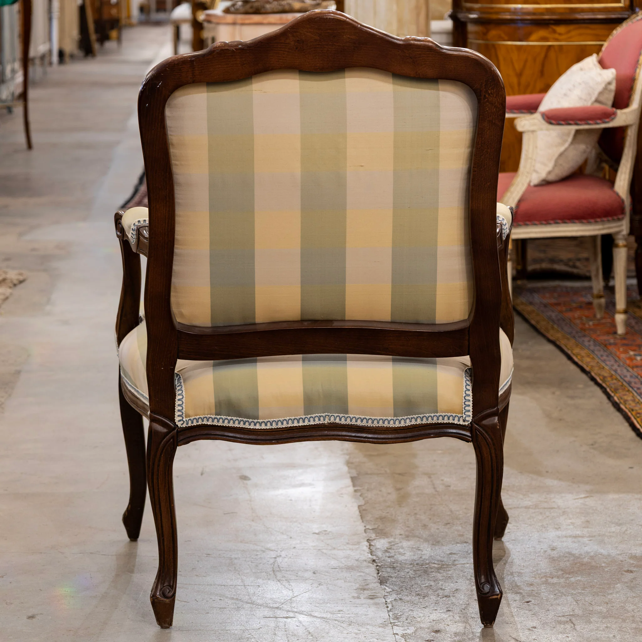 Pair of Louis XV Carved Armchairs – Brown Frame with Green and Yellow Checked Upholstery - Image 5