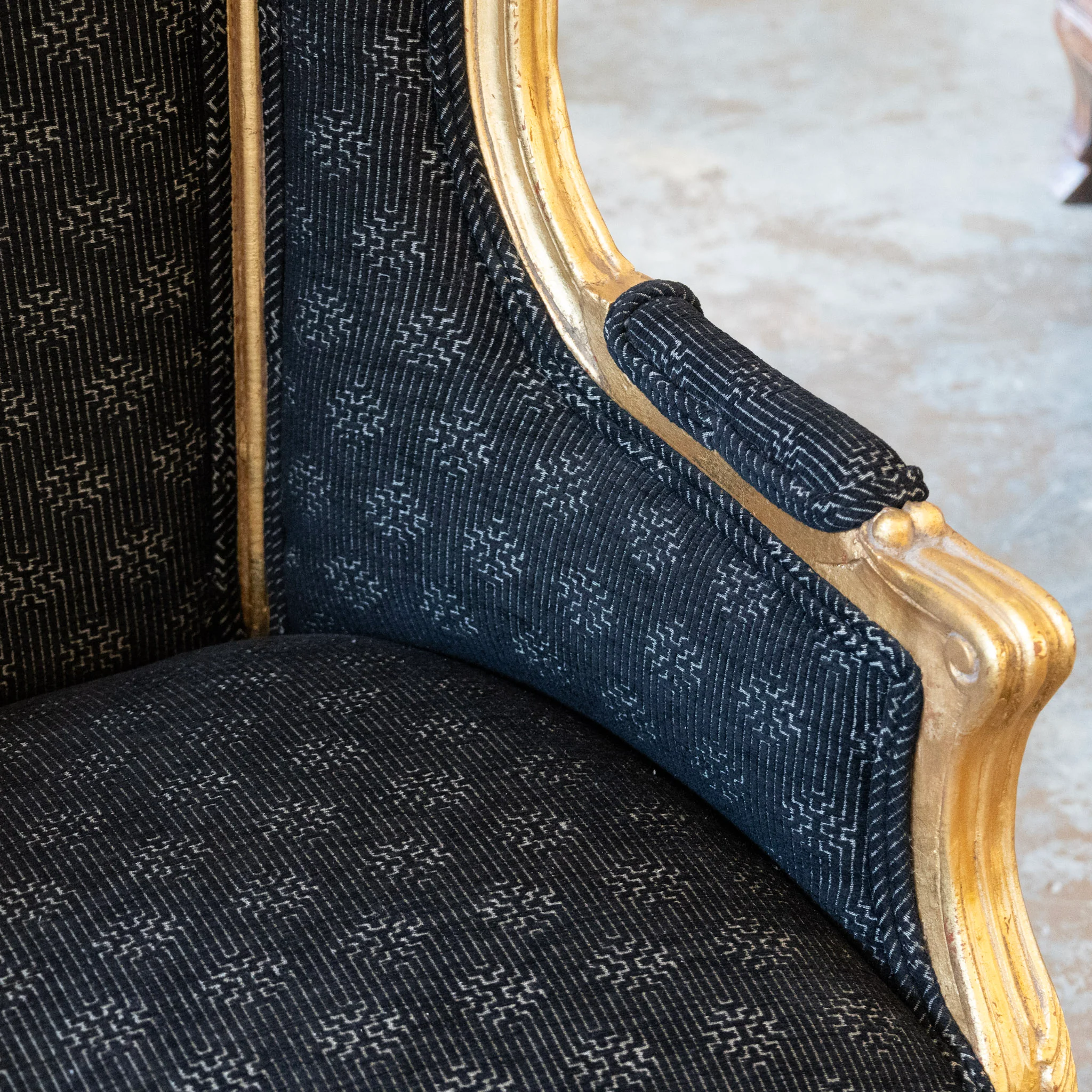 Pair of Louis XV Gilded Wingback Chairs with Black Linen Upholstery - Image 10