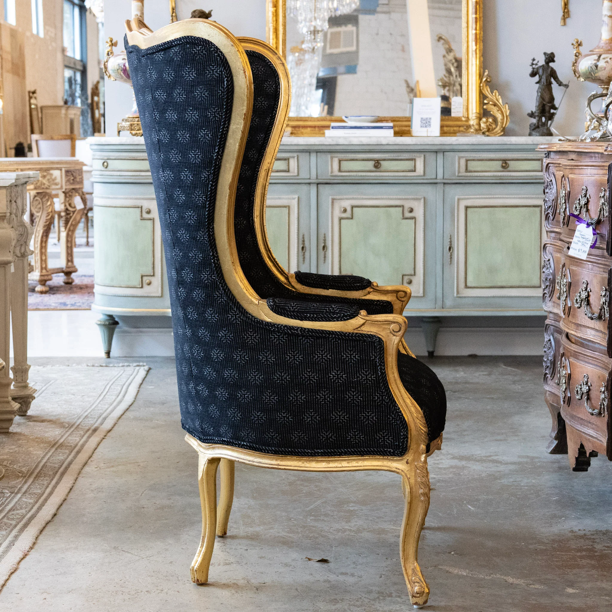Pair of Louis XV Gilded Wingback Chairs with Black Linen Upholstery - Image 11