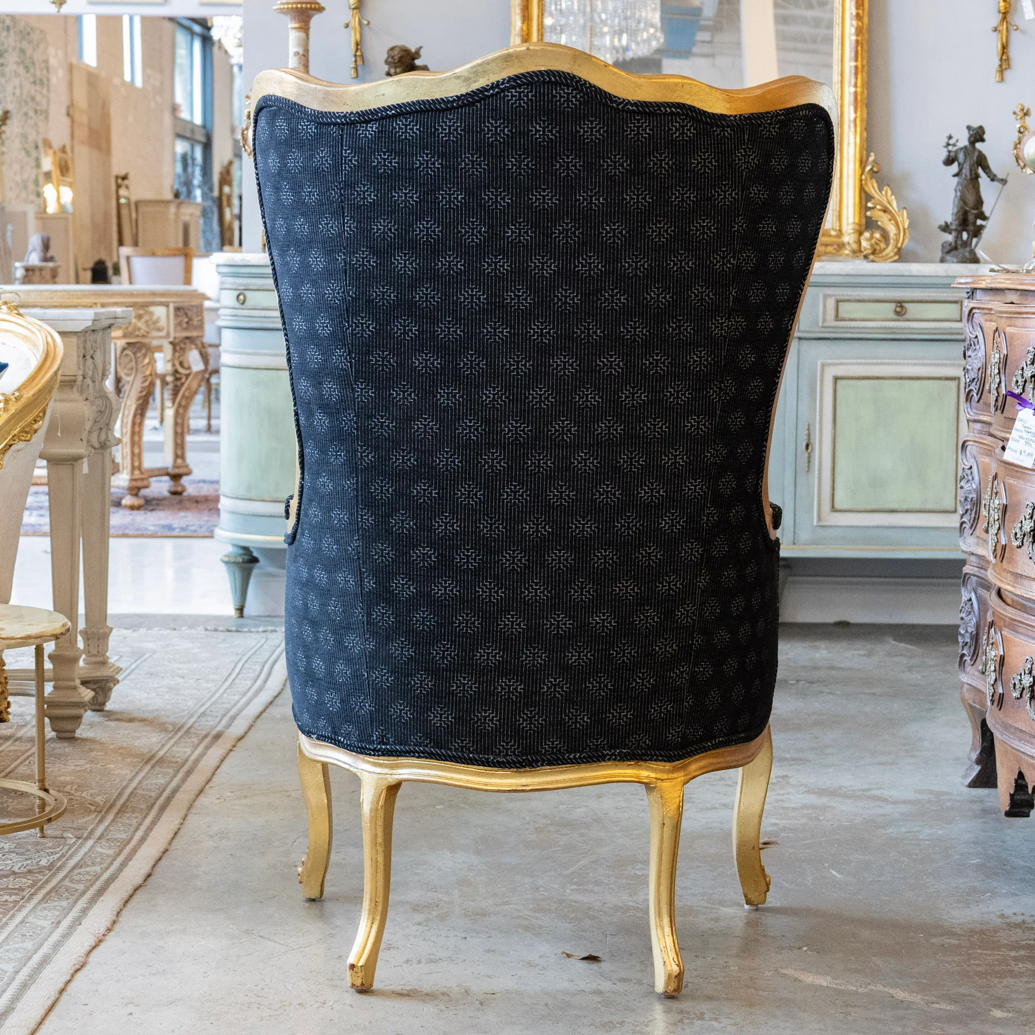 Pair of Louis XV Gilded Wingback Chairs with Black Linen Upholstery - Image 12