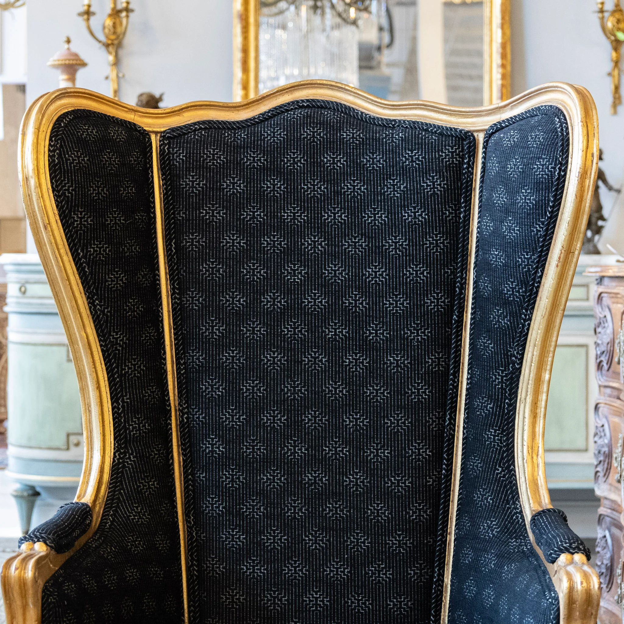 Pair of Louis XV Gilded Wingback Chairs with Black Linen Upholstery - Image 3