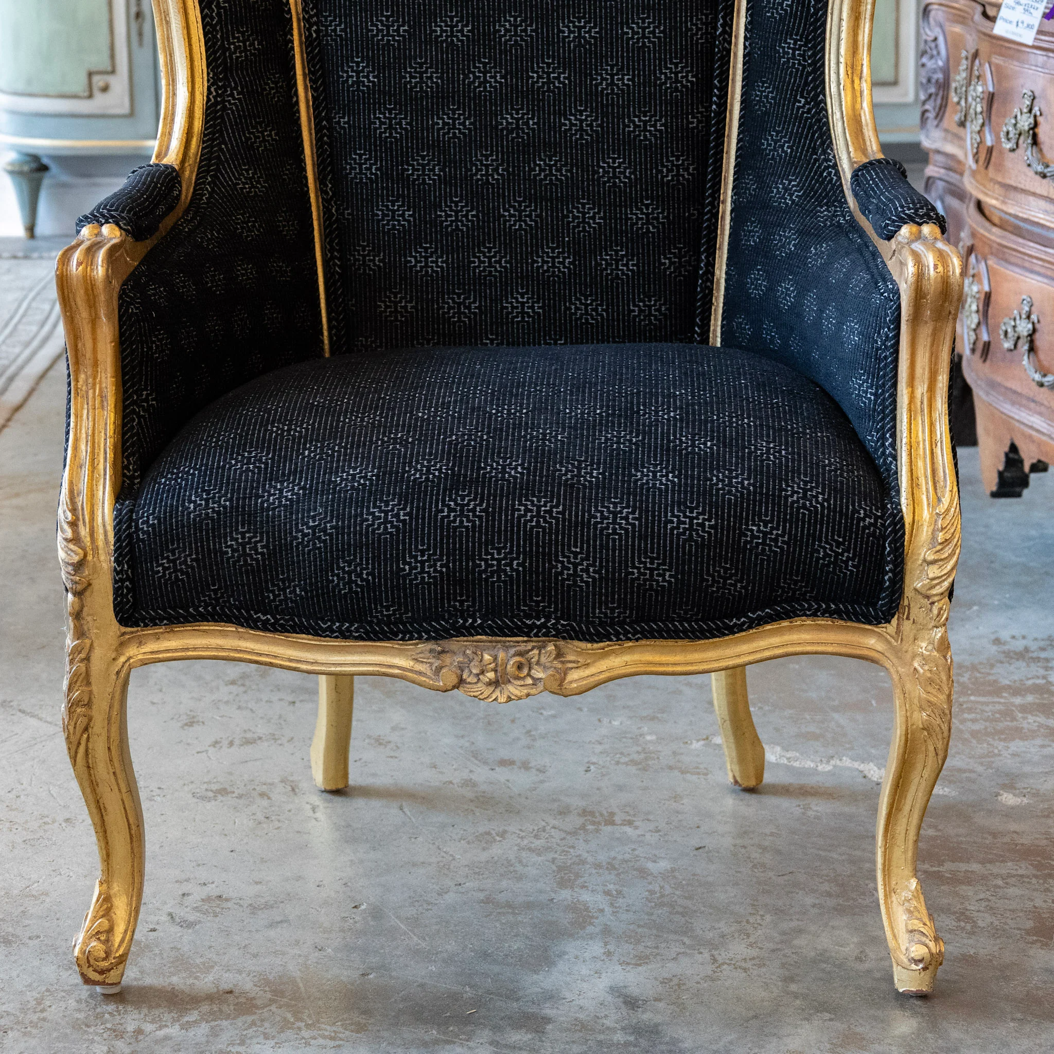 Pair of Louis XV Gilded Wingback Chairs with Black Linen Upholstery - Image 4