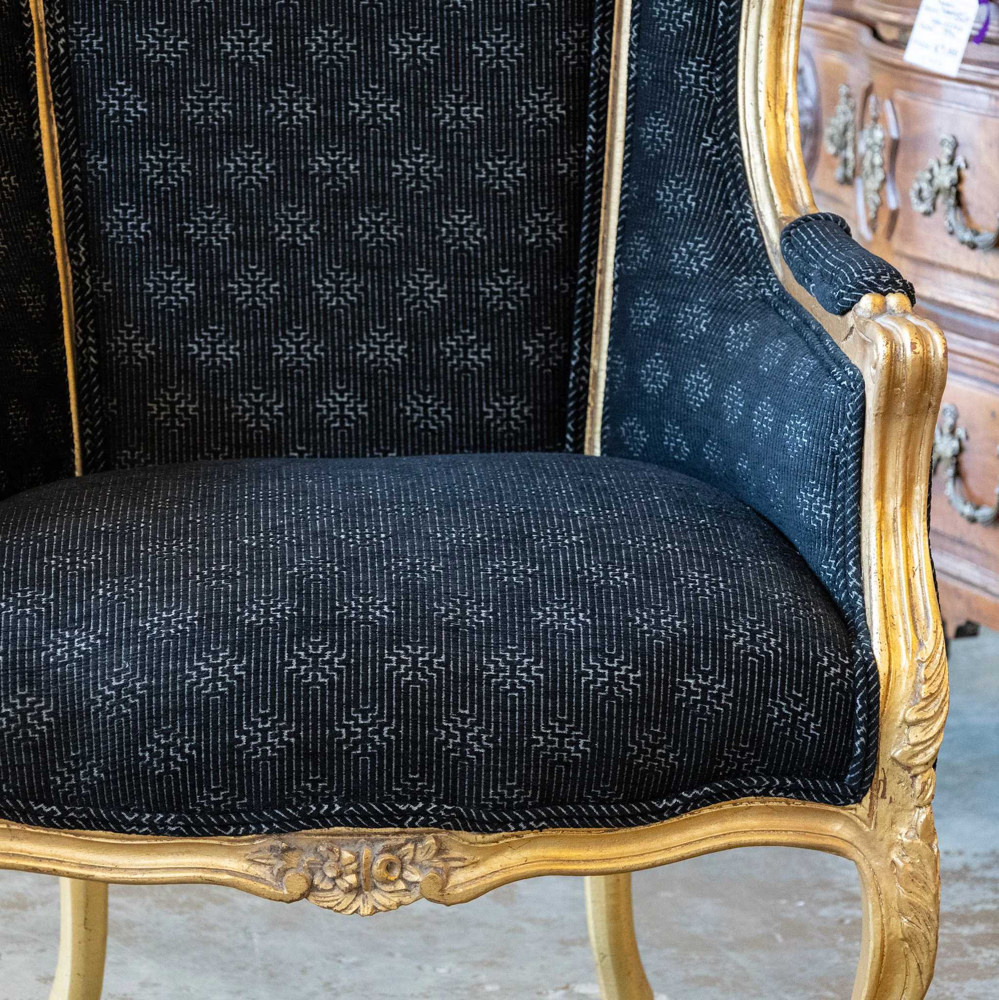 Pair of Louis XV Gilded Wingback Chairs with Black Linen Upholstery - Image 5