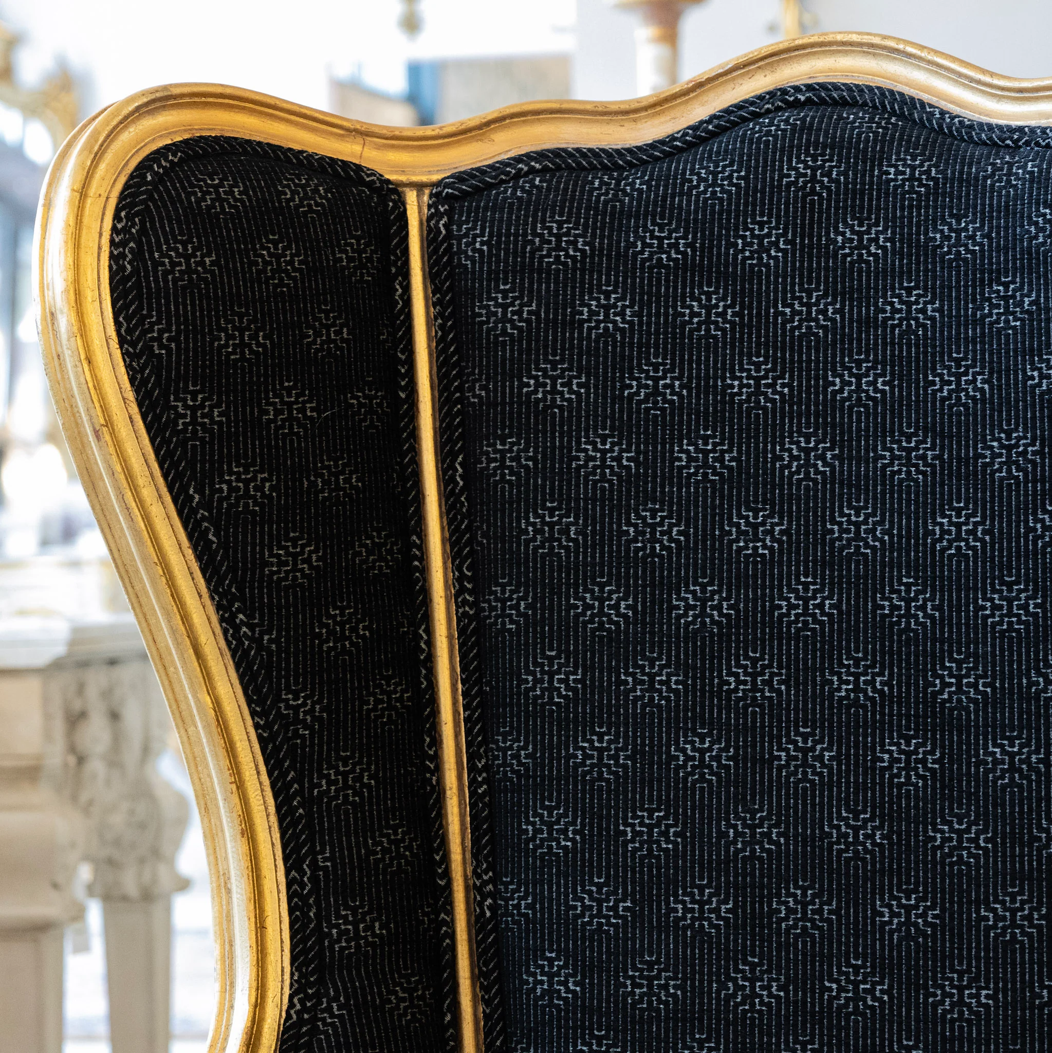 Pair of Louis XV Gilded Wingback Chairs with Black Linen Upholstery - Image 6