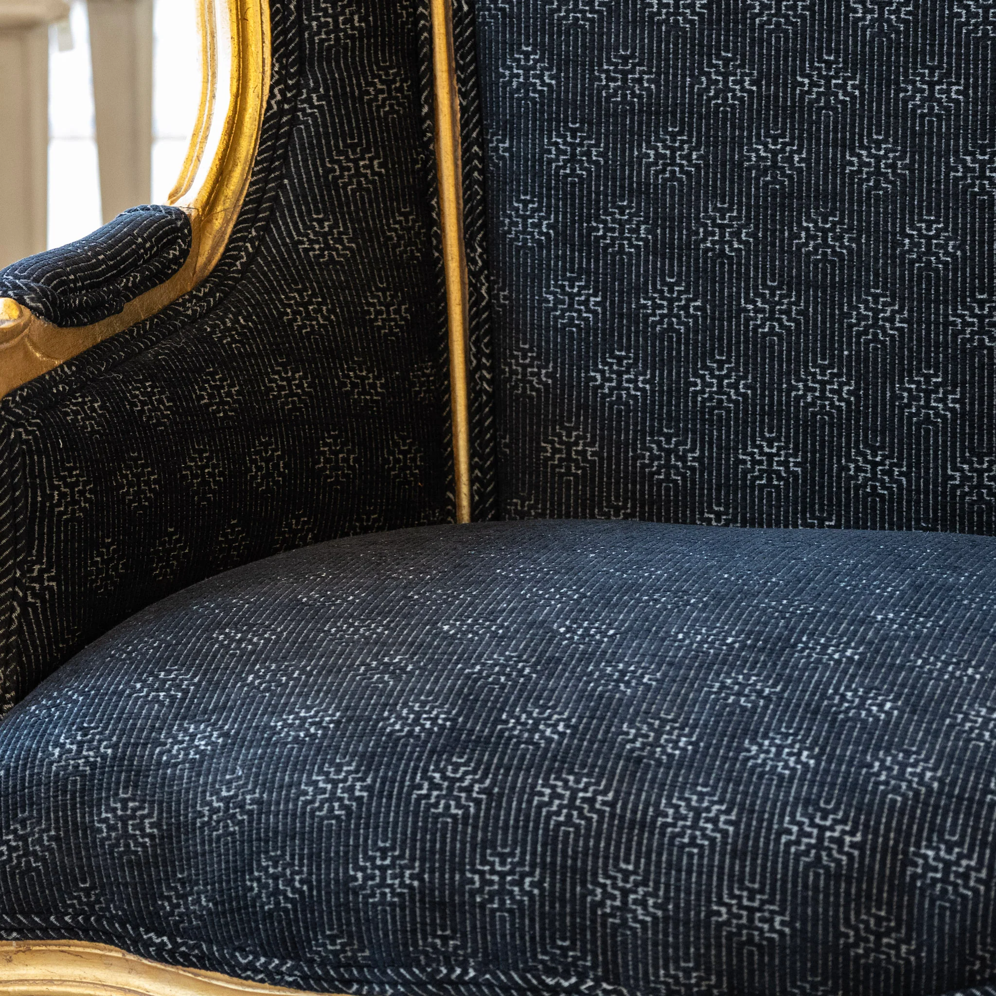 Pair of Louis XV Gilded Wingback Chairs with Black Linen Upholstery - Image 7