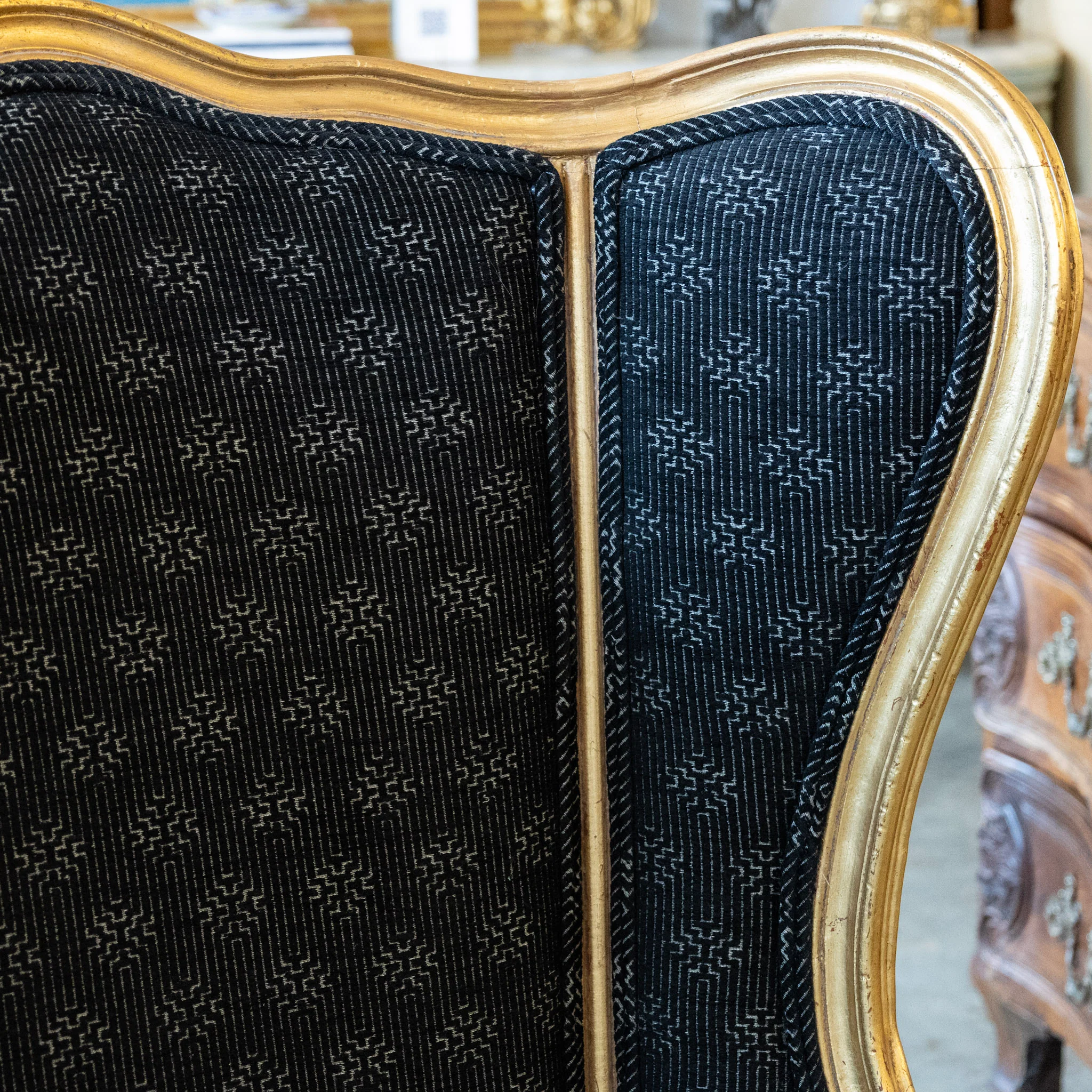 Pair of Louis XV Gilded Wingback Chairs with Black Linen Upholstery - Image 9