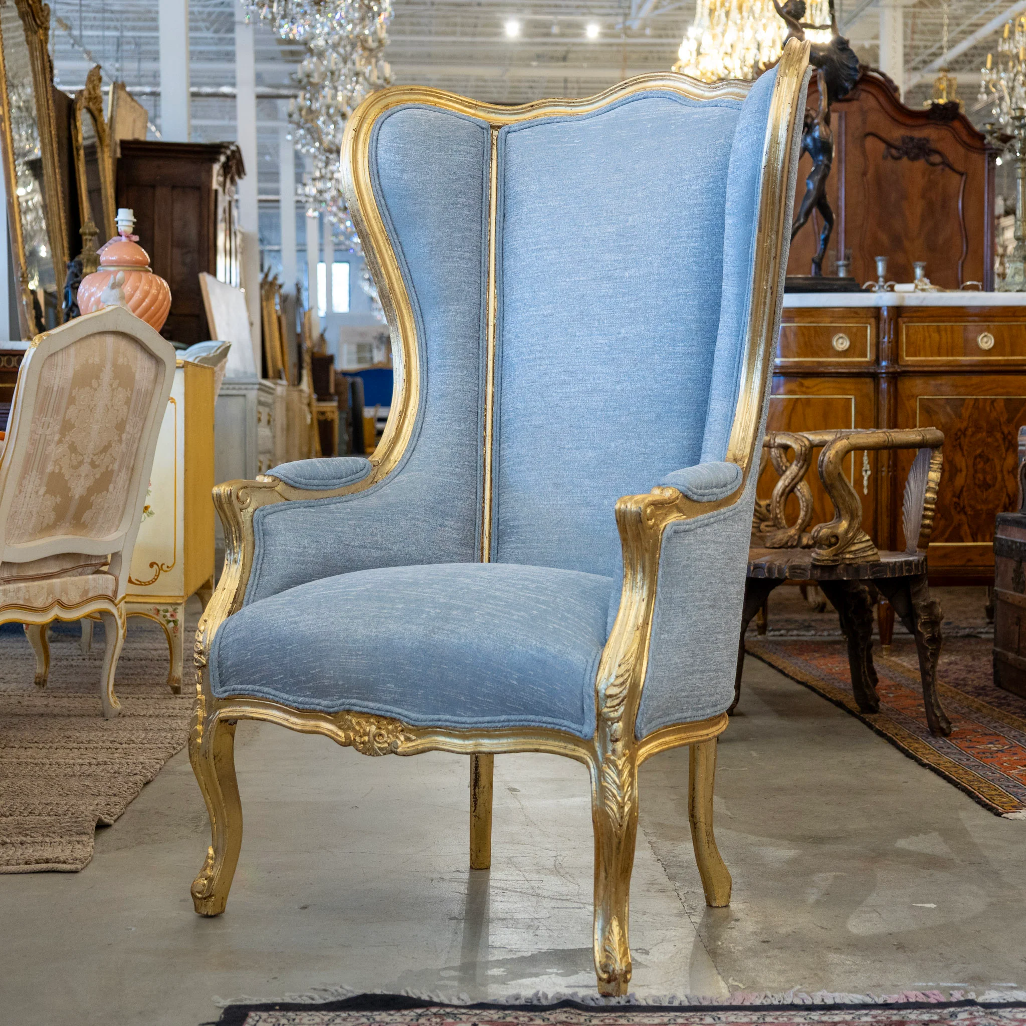 Pair of Louis XV Wingback Bergère Chair – Gilded Frame & Blue Upholstery - Image 3