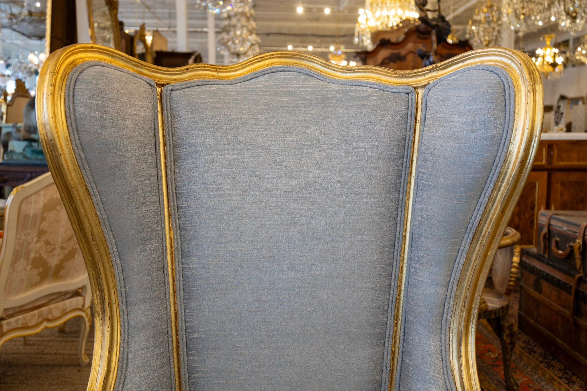 Pair of Louis XV Wingback Bergère Chair – Gilded Frame & Blue Upholstery - Image 4