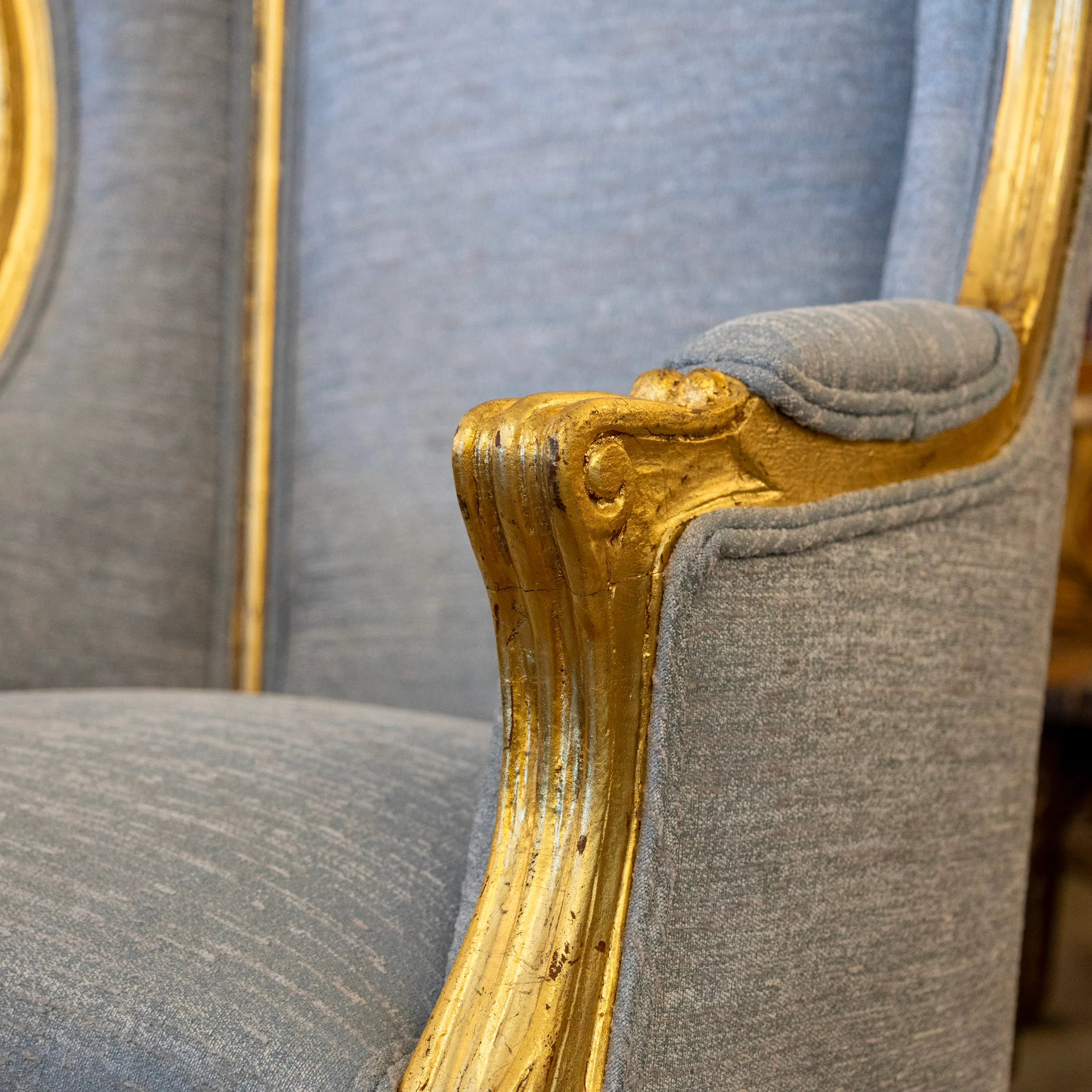 Pair of Louis XV Wingback Bergère Chair – Gilded Frame & Blue Upholstery - Image 5