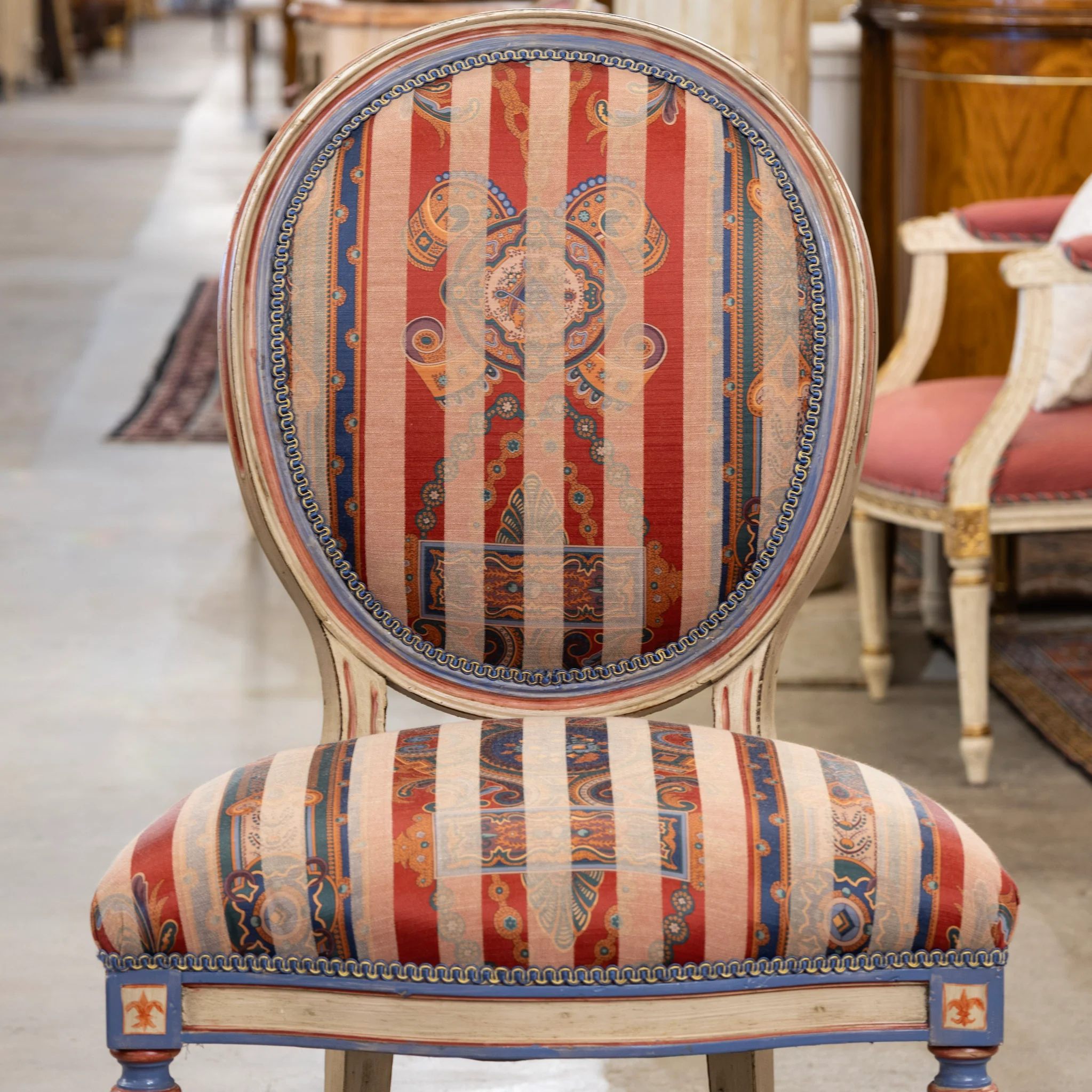 Pair of Louis XVI Accent Chairs – Blue and Red Painted Frames with Striped Upholstery - Image 3