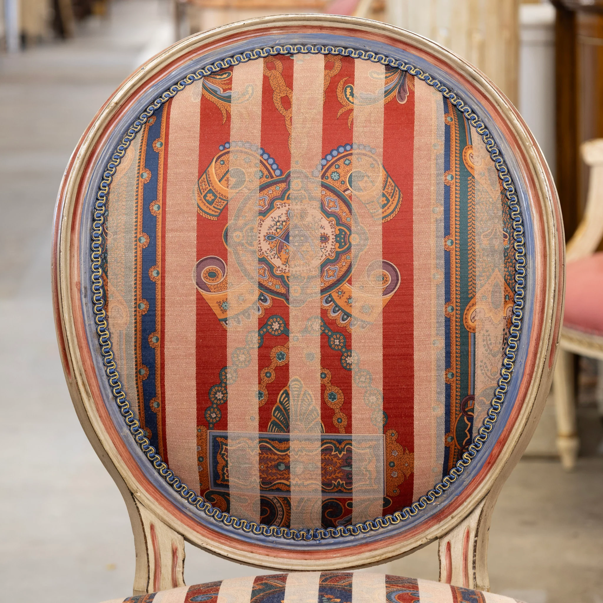 Pair of Louis XVI Accent Chairs – Blue and Red Painted Frames with Striped Upholstery - Image 4