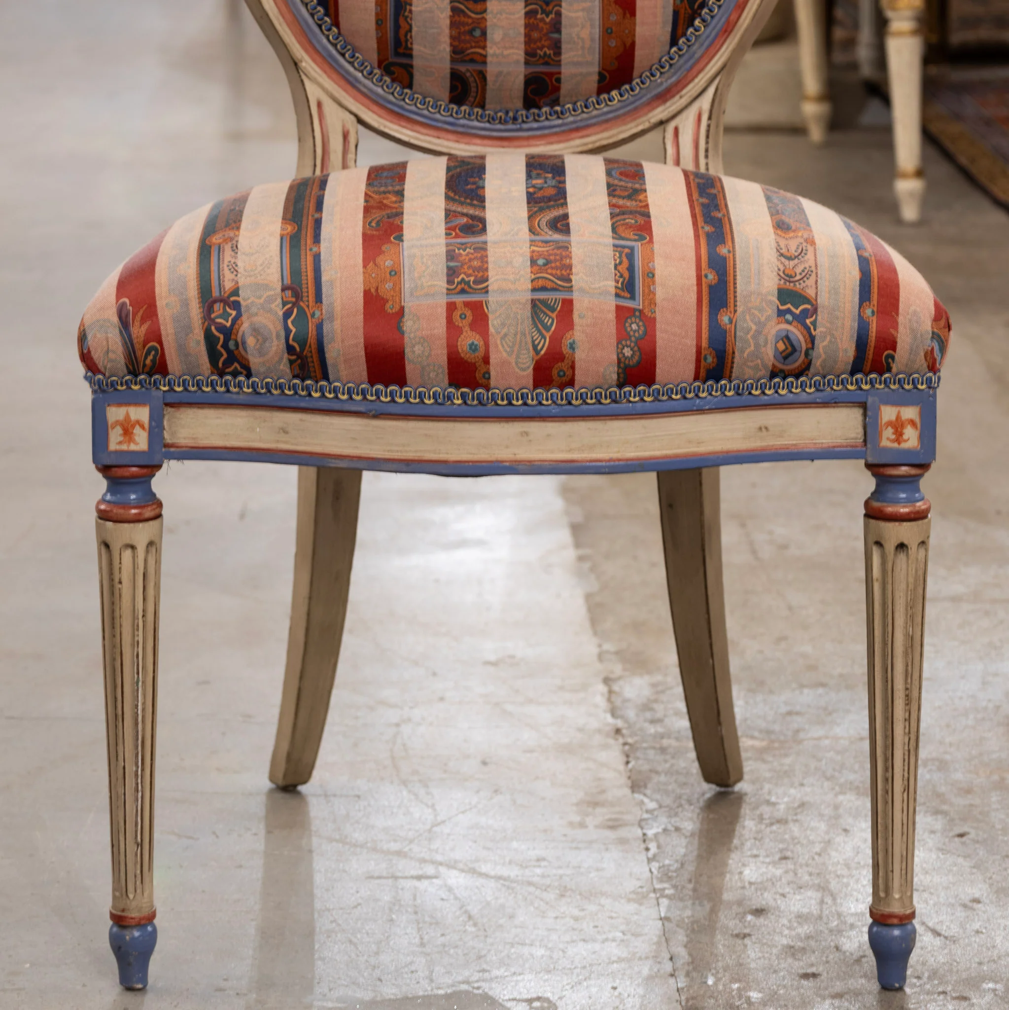 Pair of Louis XVI Accent Chairs – Blue and Red Painted Frames with Striped Upholstery - Image 5