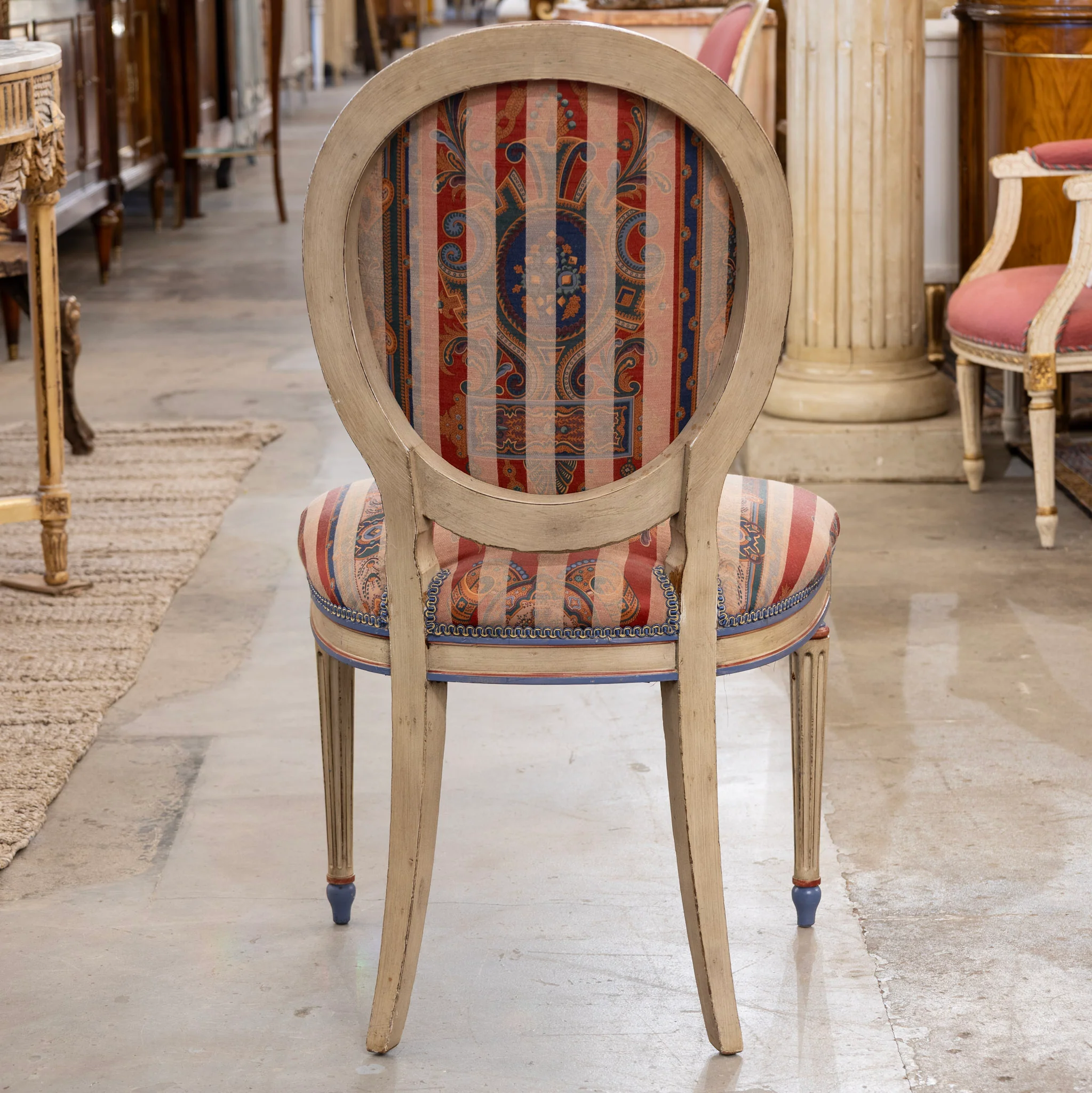 Pair of Louis XVI Accent Chairs – Blue and Red Painted Frames with Striped Upholstery - Image 6
