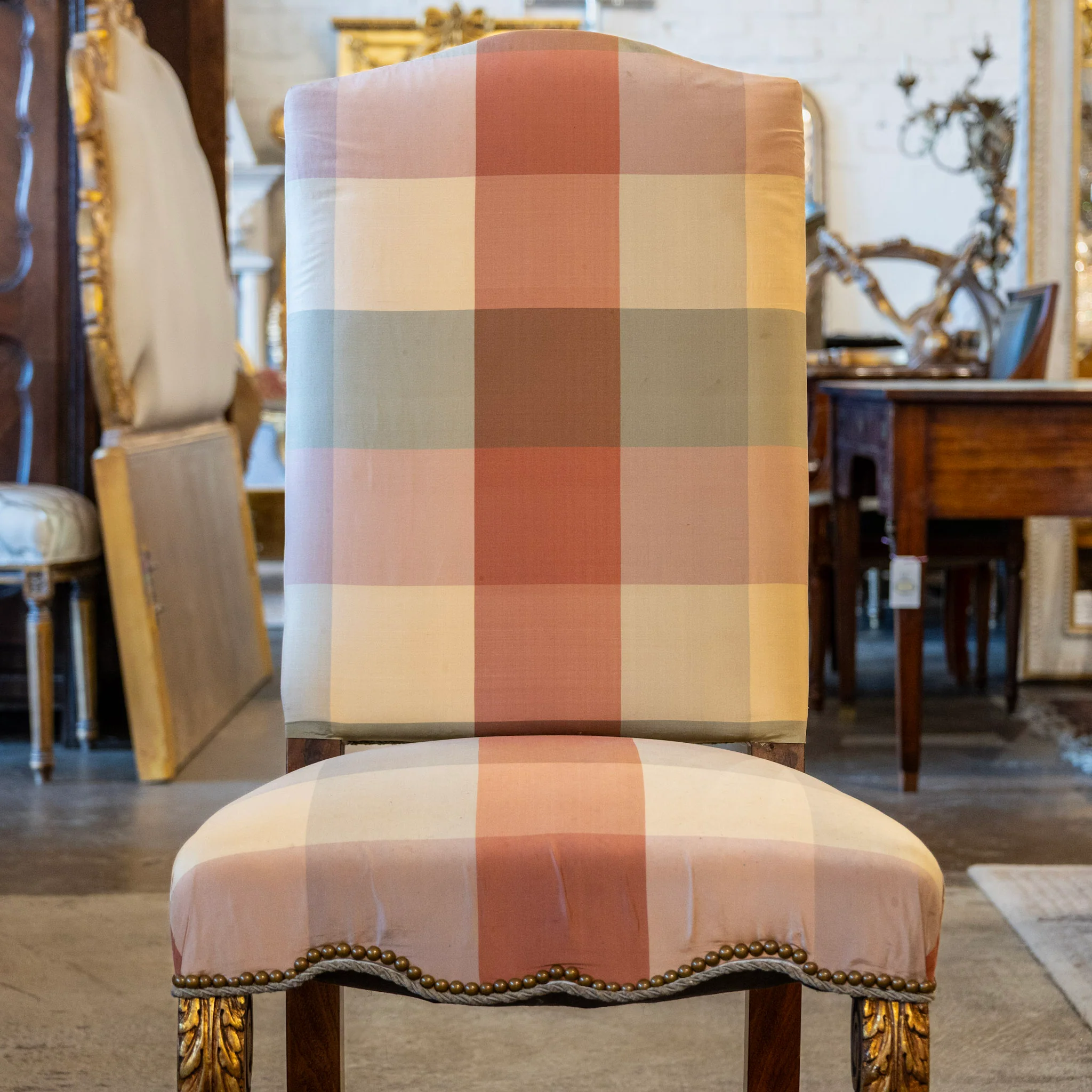 Pair of Louis XVI Accent Chairs – Gilded Details & Plaid Upholstery - Image 3