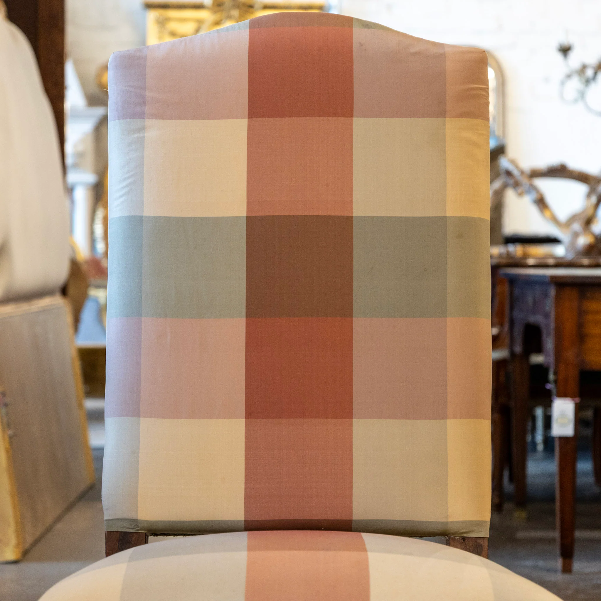 Pair of Louis XVI Accent Chairs – Gilded Details & Plaid Upholstery - Image 4