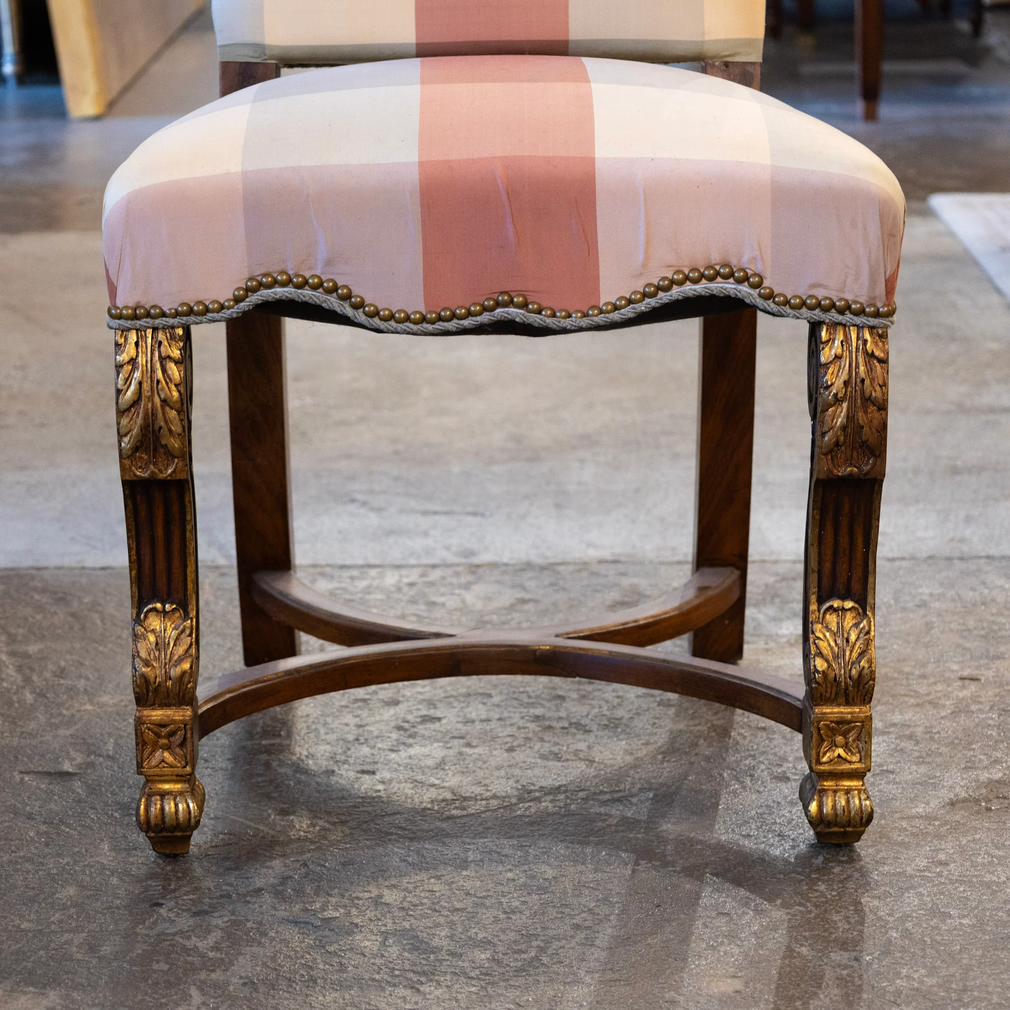 Pair of Louis XVI Accent Chairs – Gilded Details & Plaid Upholstery - Image 5