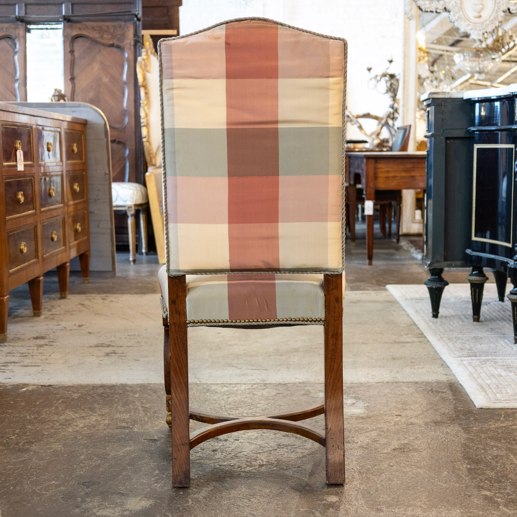 Pair of Louis XVI Accent Chairs – Gilded Details & Plaid Upholstery - Image 6
