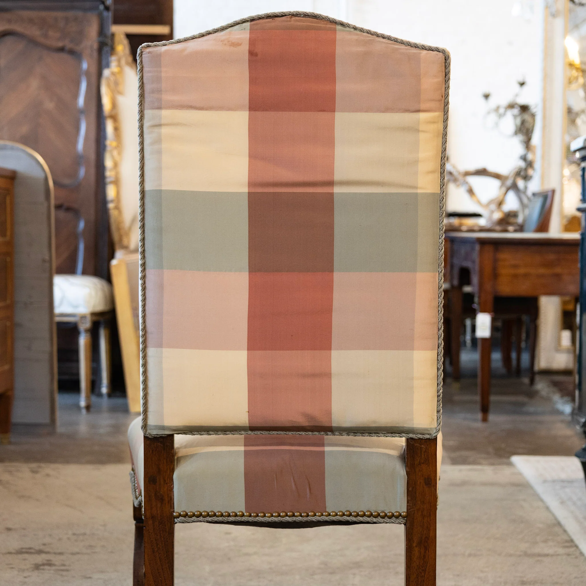 Pair of Louis XVI Accent Chairs – Gilded Details & Plaid Upholstery - Image 7