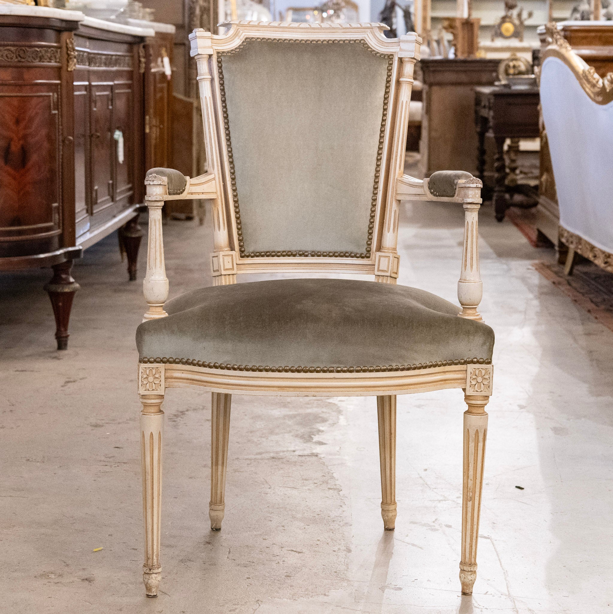 Pair of Louis XVI Armchairs – Carved Ivory Frame with Sage Velvet - Image 2