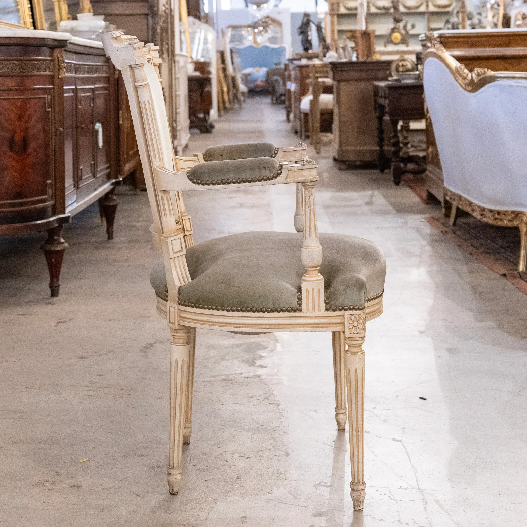 Pair of Louis XVI Armchairs – Carved Ivory Frame with Sage Velvet - Image 3