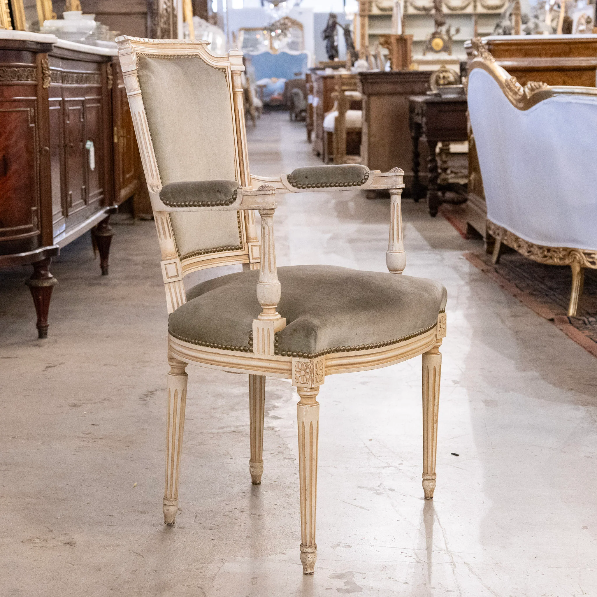 Pair of Louis XVI Armchairs – Carved Ivory Frame with Sage Velvet - Image 4