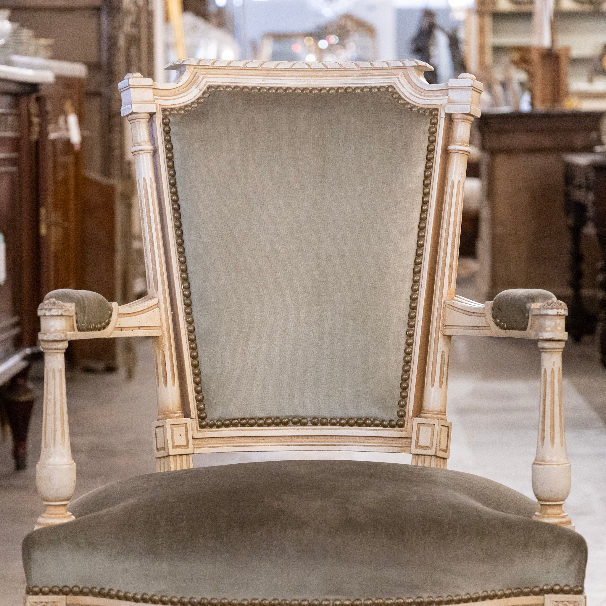 Pair of Louis XVI Armchairs – Carved Ivory Frame with Sage Velvet - Image 5