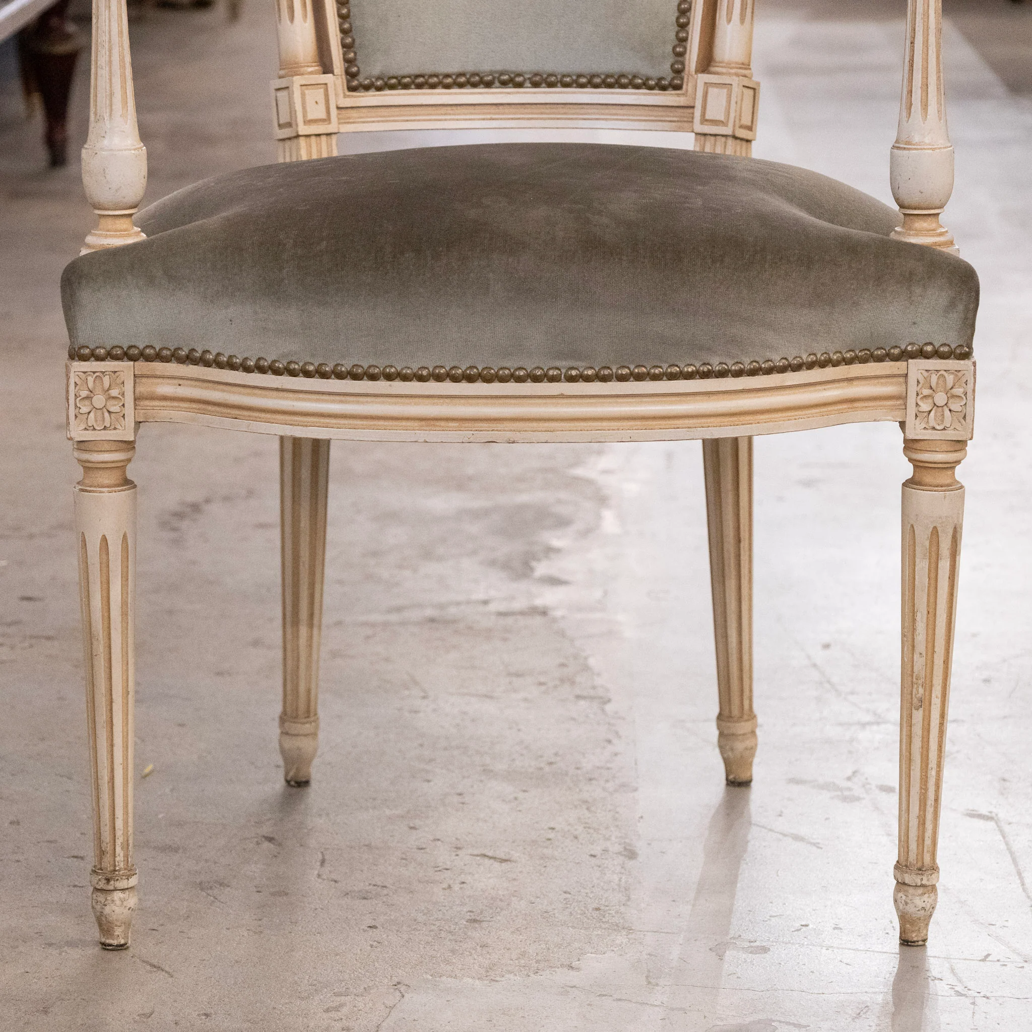 Pair of Louis XVI Armchairs – Carved Ivory Frame with Sage Velvet - Image 6