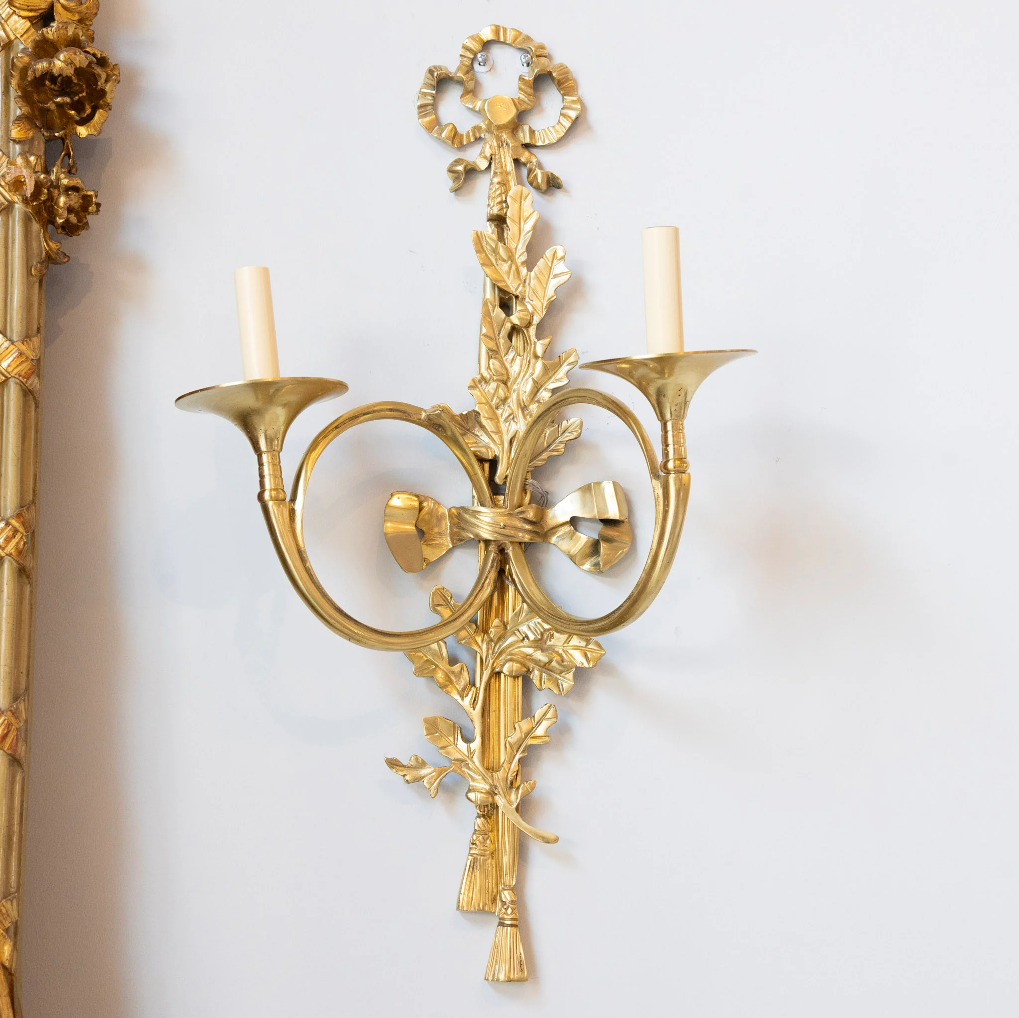 Pair of Louis XVI Brass Sconces – Bow Frame & Laurel Detailing