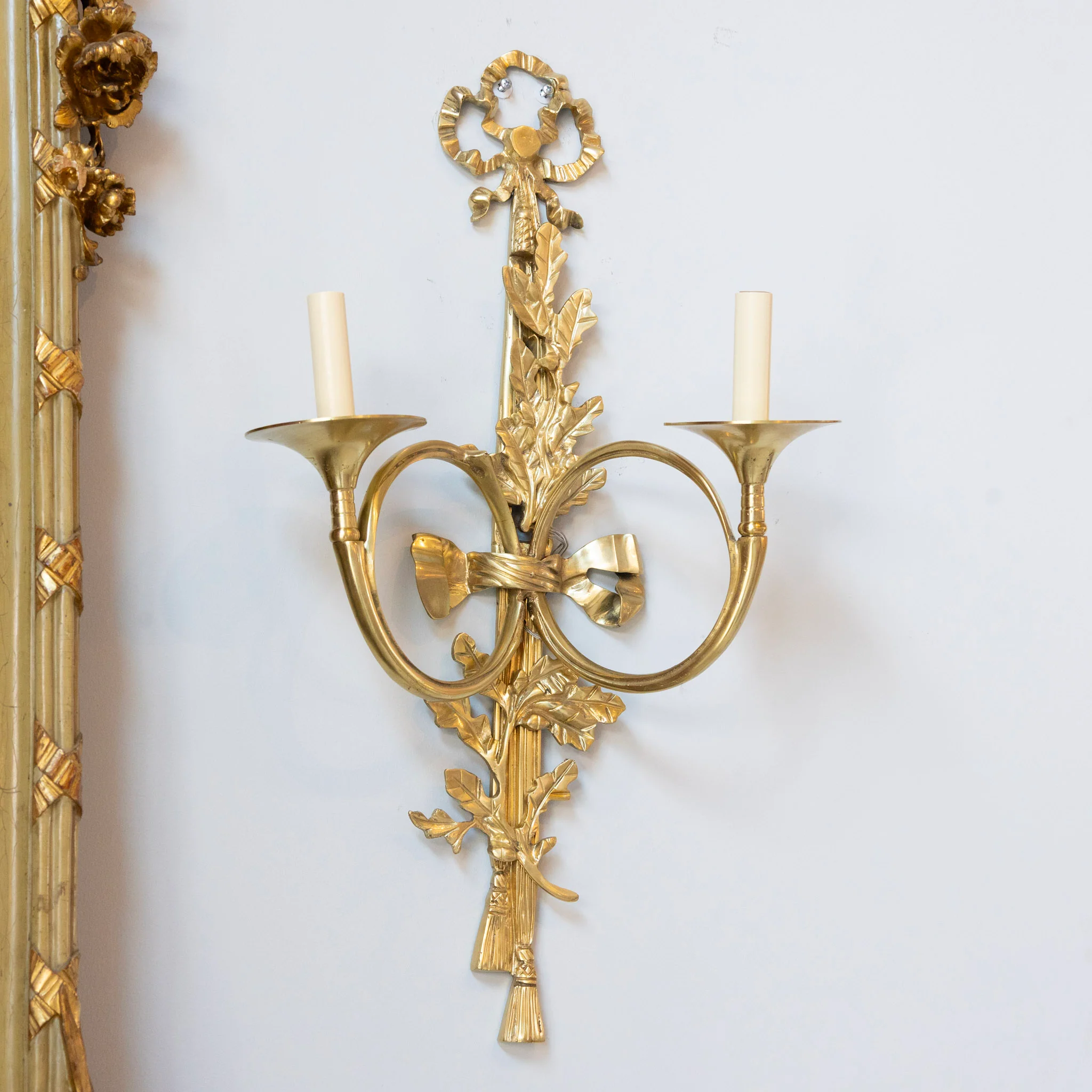 Pair of Louis XVI Brass Sconces – Bow Frame & Laurel Detailing - Image 2