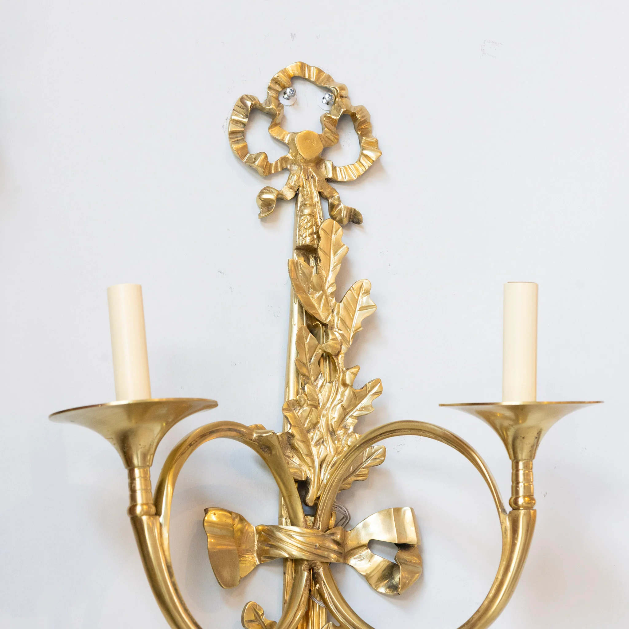 Pair of Louis XVI Brass Sconces – Bow Frame & Laurel Detailing - Image 3