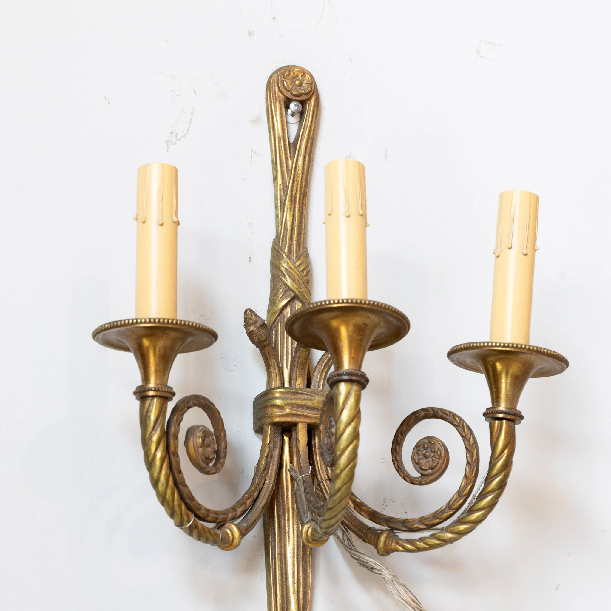 Pair of Louis XVI Brass Wall Sconces – Tassel Frame & Rope Twist Arms - Image 3