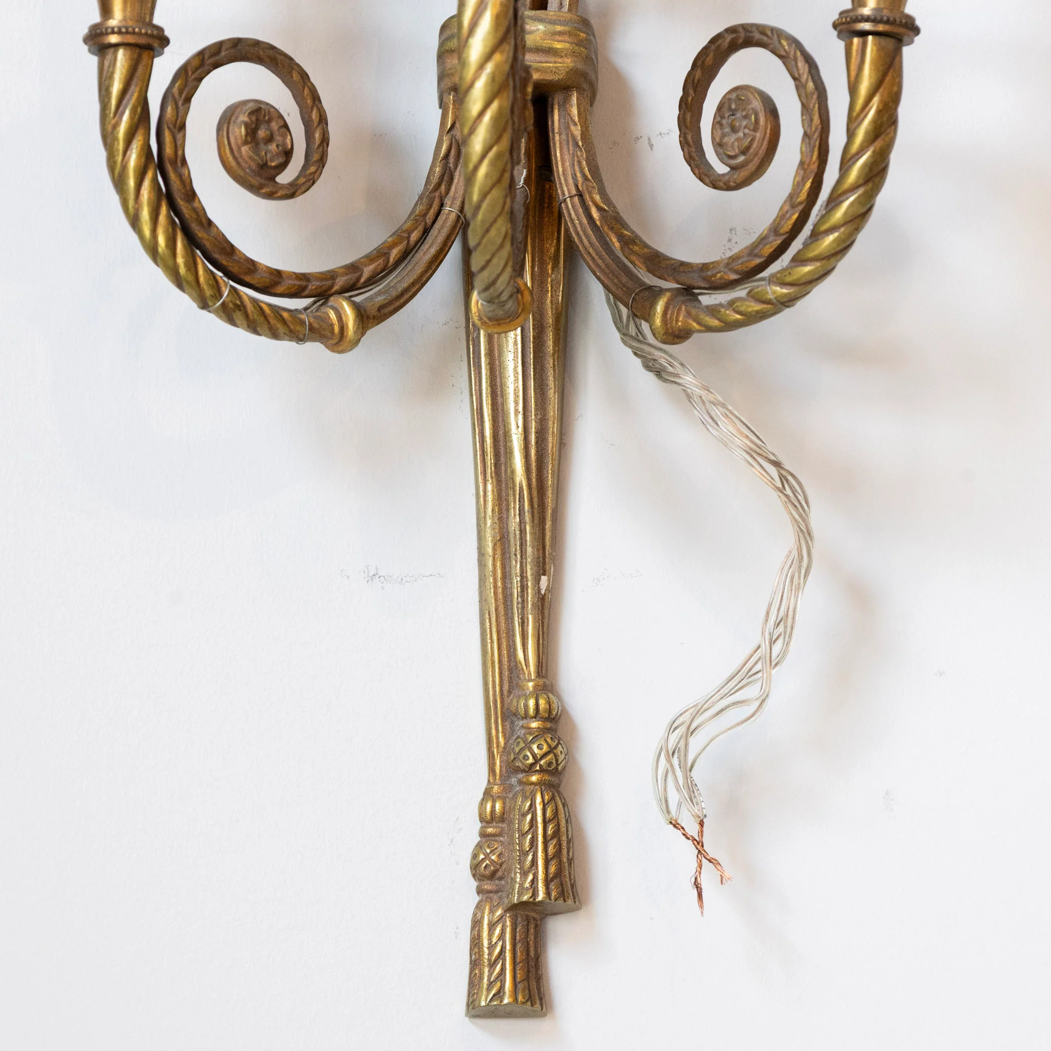 Pair of Louis XVI Brass Wall Sconces – Tassel Frame & Rope Twist Arms - Image 6