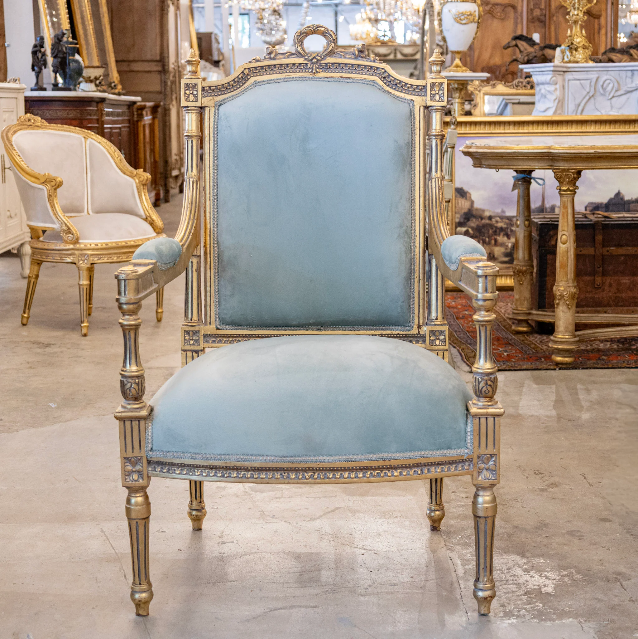 Pair of Louis XVI Gilded Arm Chair – Blue Velvet Upholstery & Wreath Crest