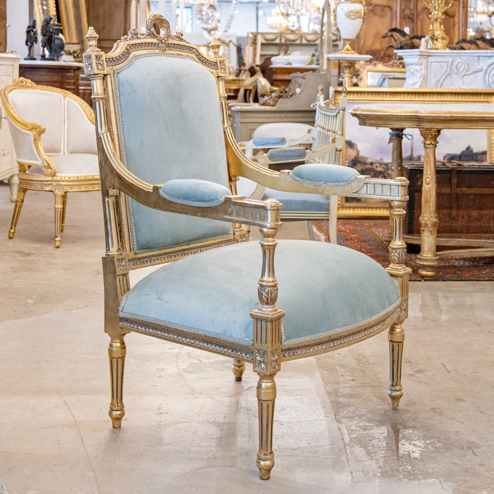 Pair of Louis XVI Gilded Arm Chair – Blue Velvet Upholstery & Wreath Crest - Image 2